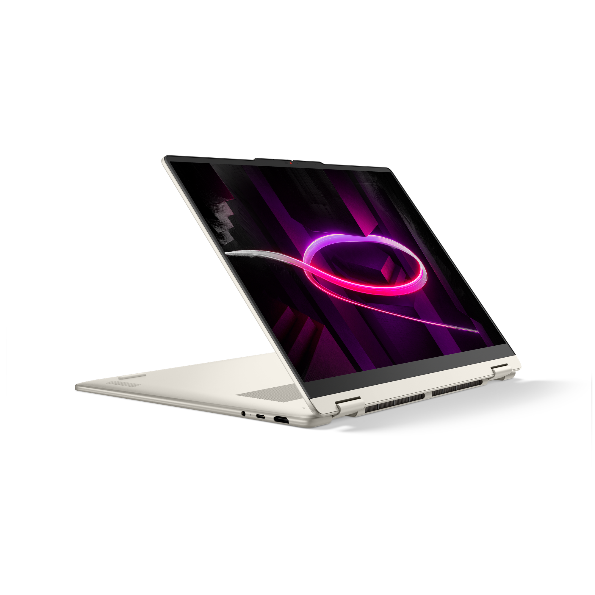 Ein aufgeschlagenes weißes Laptop mit einem lila und rosa Herz auf dem Bildschirm.