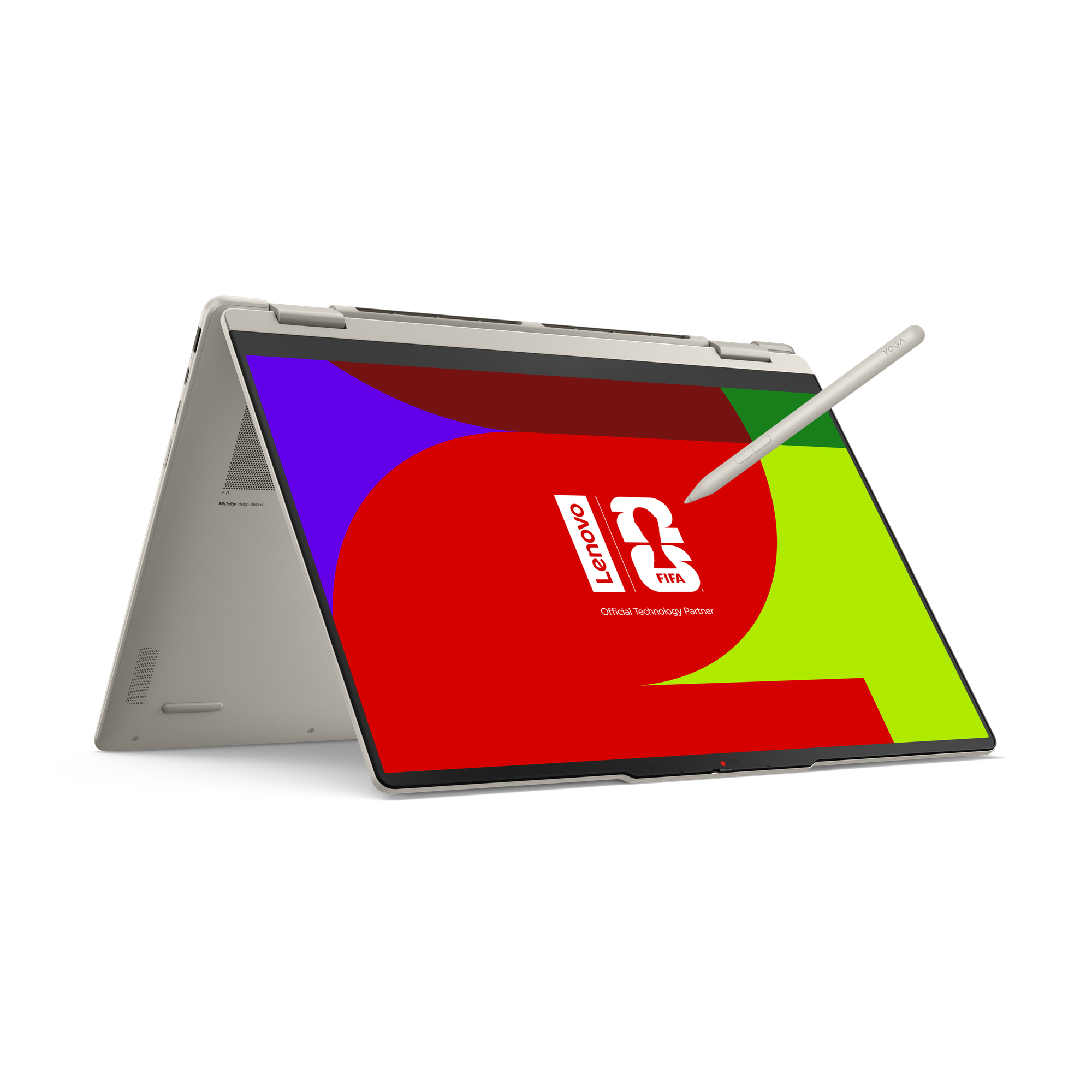 Ein silberner Laptop im Tablet-Modus mit einem Stift auf dem Bildschirm.