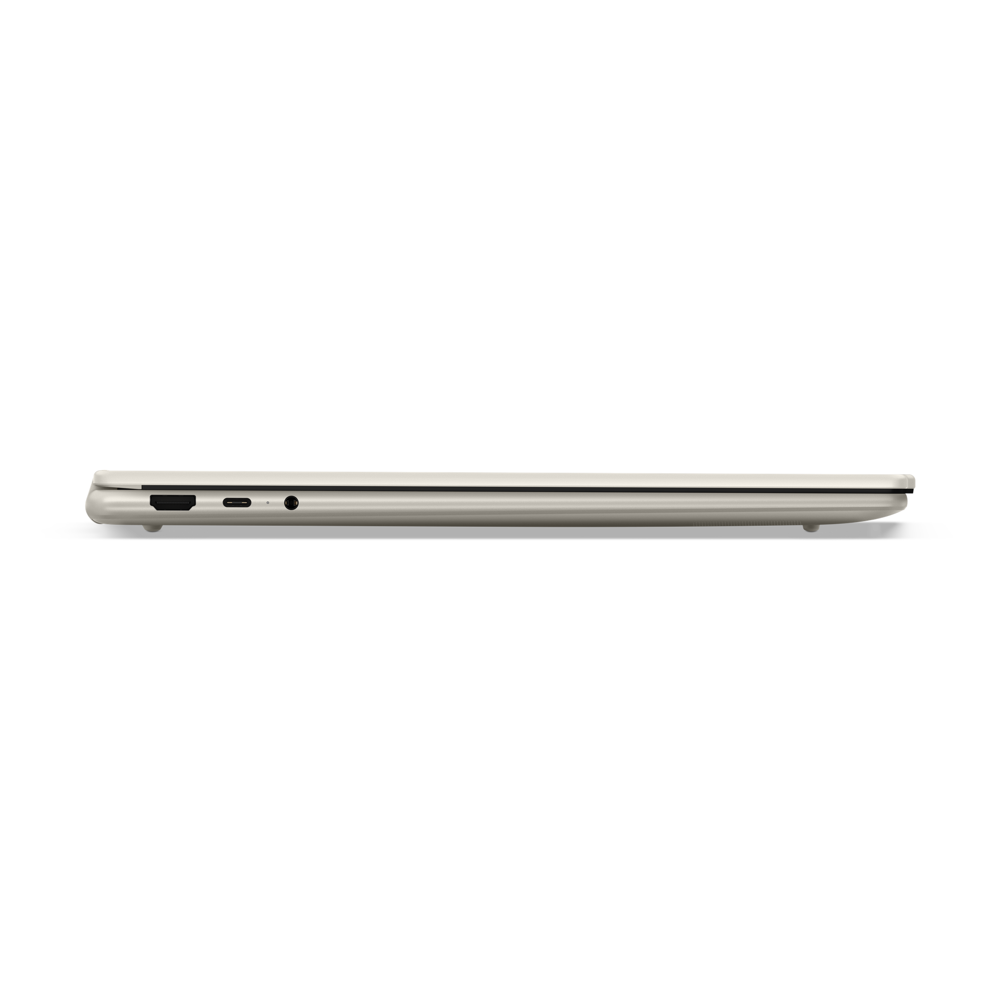 Seite eines dünnen, hellen Laptops mit USB-C-, HDMI- und Audioanschlüssen.