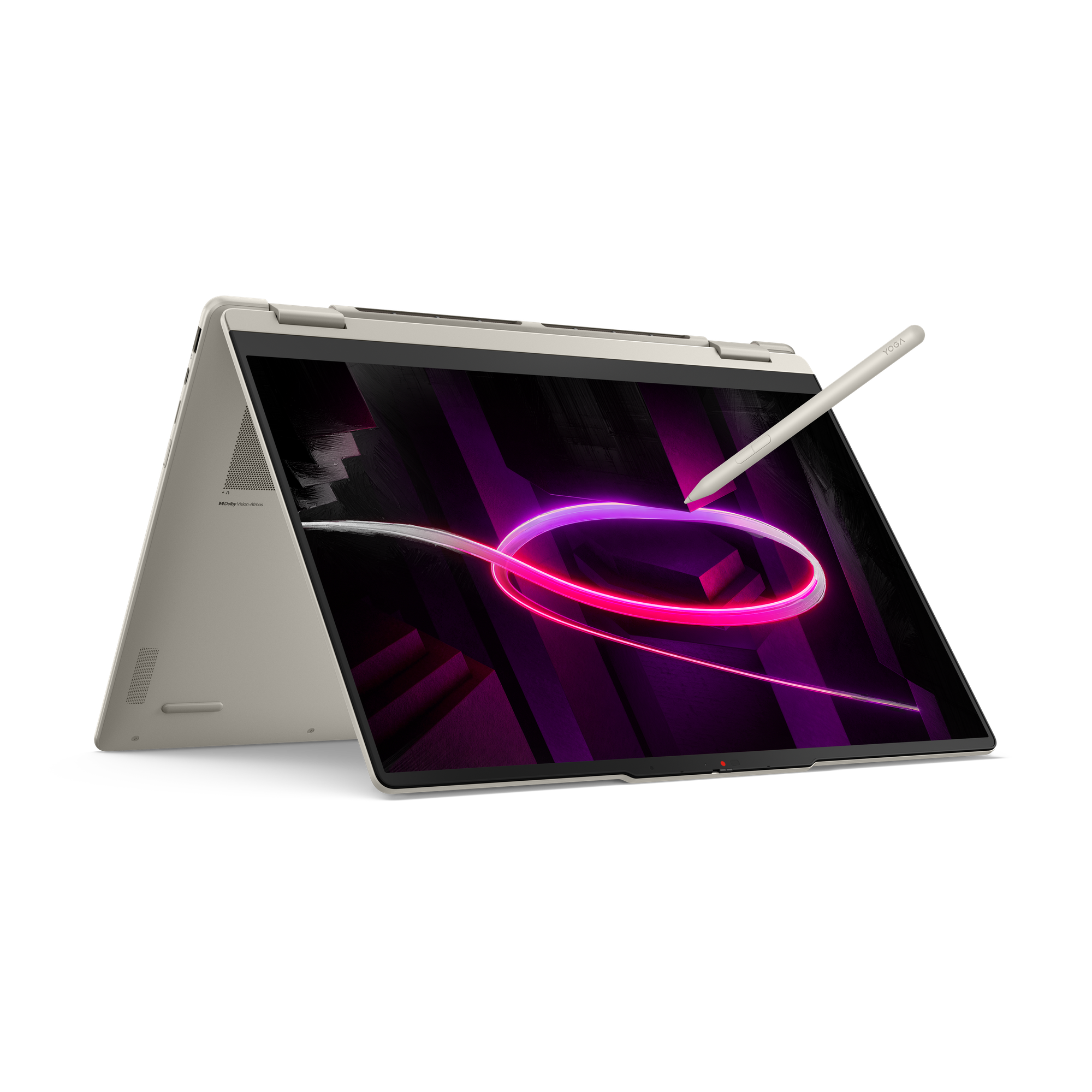 Ein hellbeiger Laptop mit Stift auf dem Bildschirm, der einen lila Ring zeichnet.