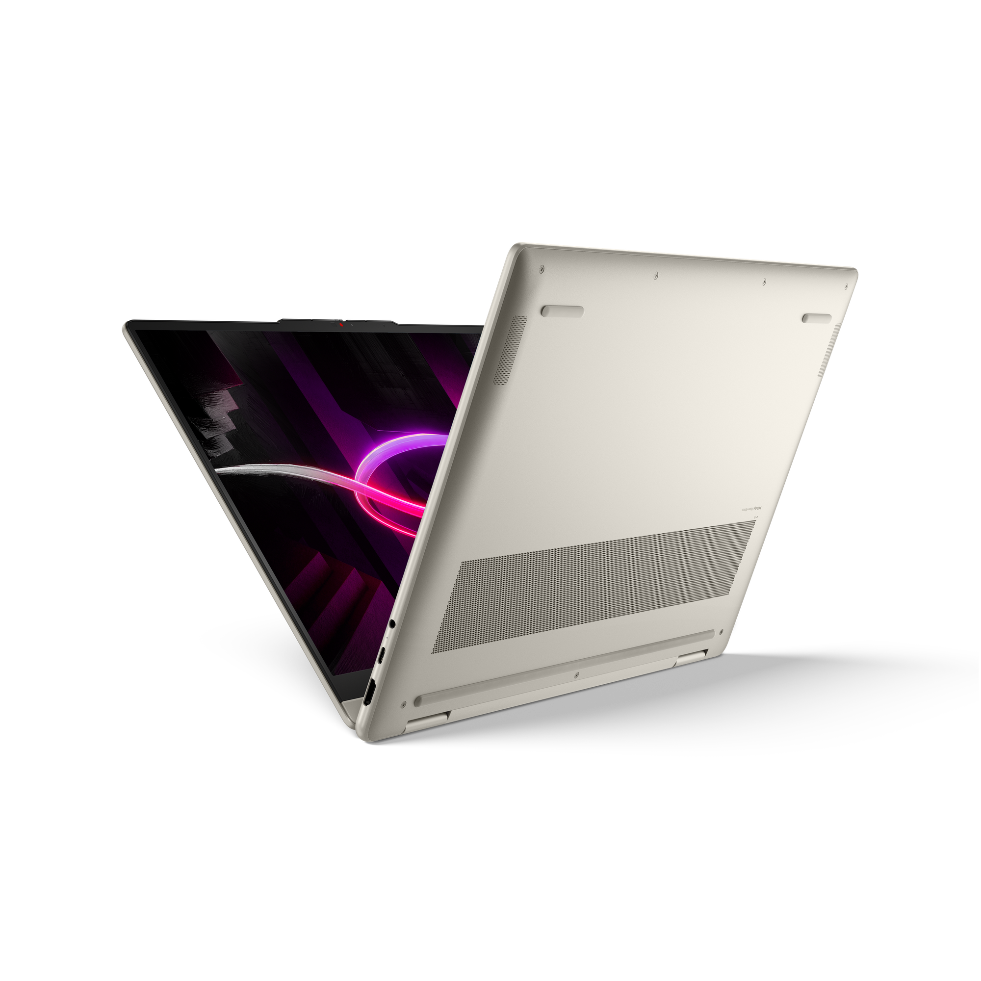 Ein hellbeiges Laptop, auf dem geöffneten Bildschirm leuchtet eine pinke Neonröhre.