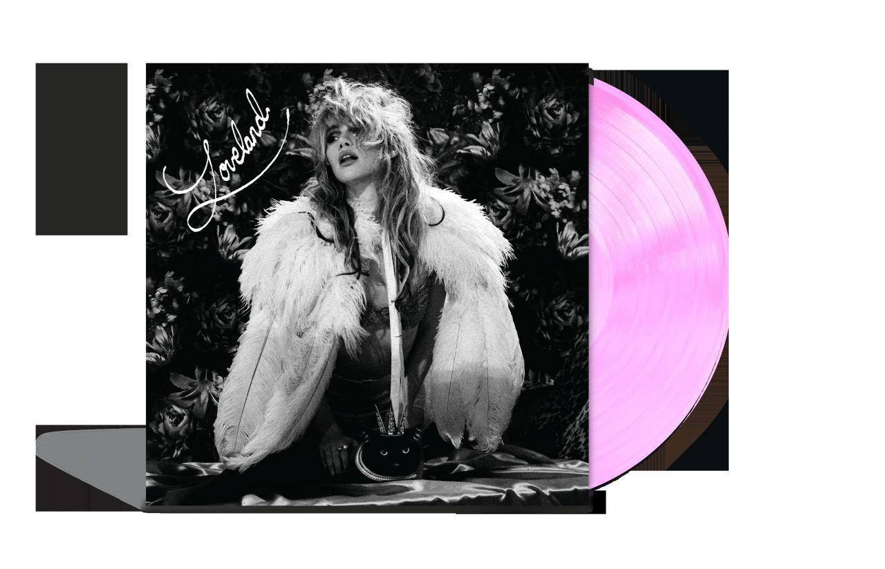 Schwarze und weiße Vinyl-Schallplatte mit einer Frau im Federboa-Mantel und Blumen-Hintergrund.