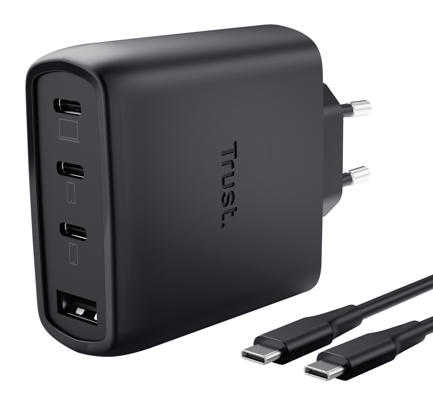 Czarna ładowarka USB-C z trzema portami i dwoma kablami USB-C.