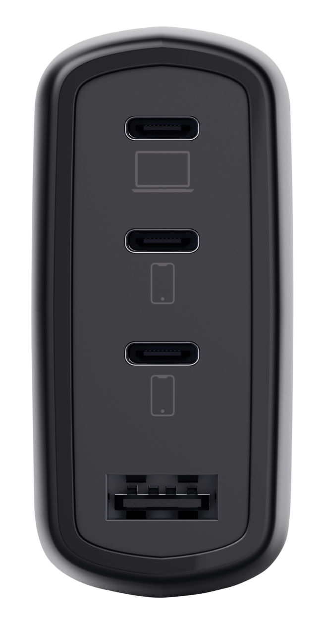 Czarna ładowarka z 3 portami USB-C (ikona laptopa) i 1 portem USB-A.