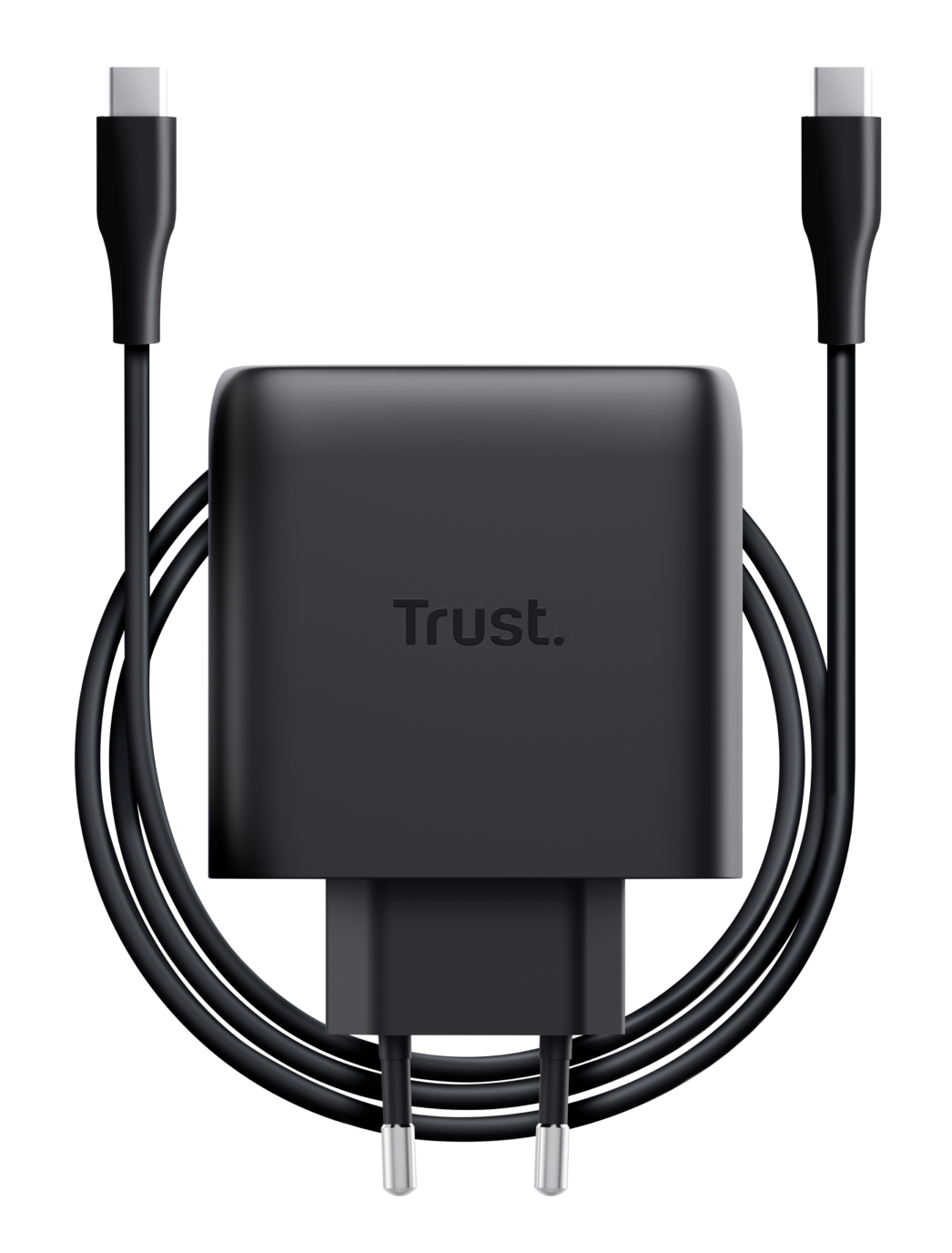 Czarna ładowarka sieciowa z kablem USB-C, marki Trust.