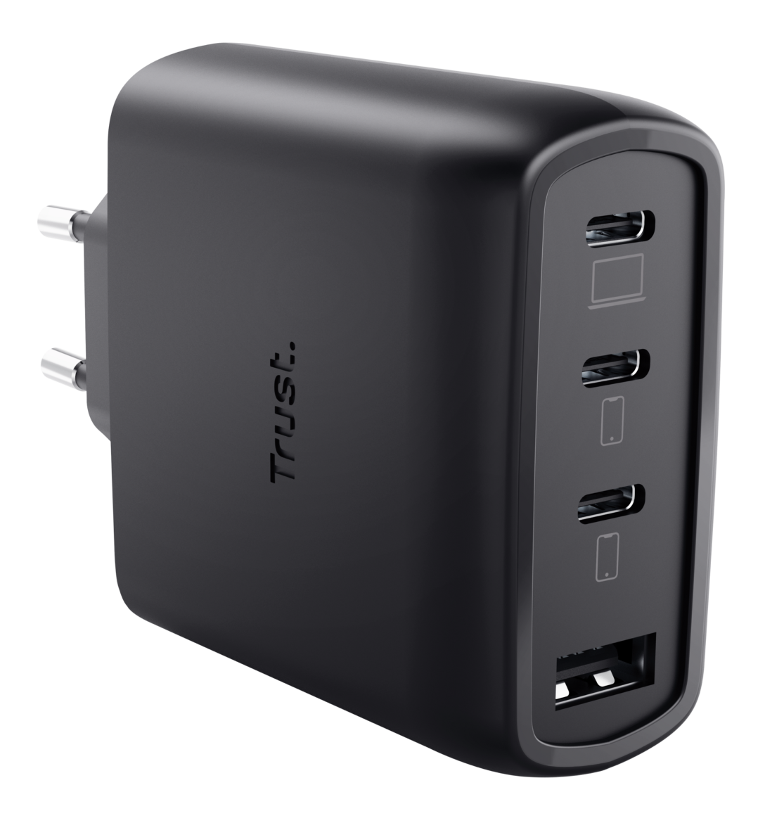 Czarna ładowarka Trust z 3 portami USB-C i 1 USB-A.