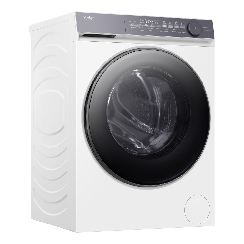 Siyah kapılı, dijital ekranlı beyaz Haier çamaşır makinesi.
