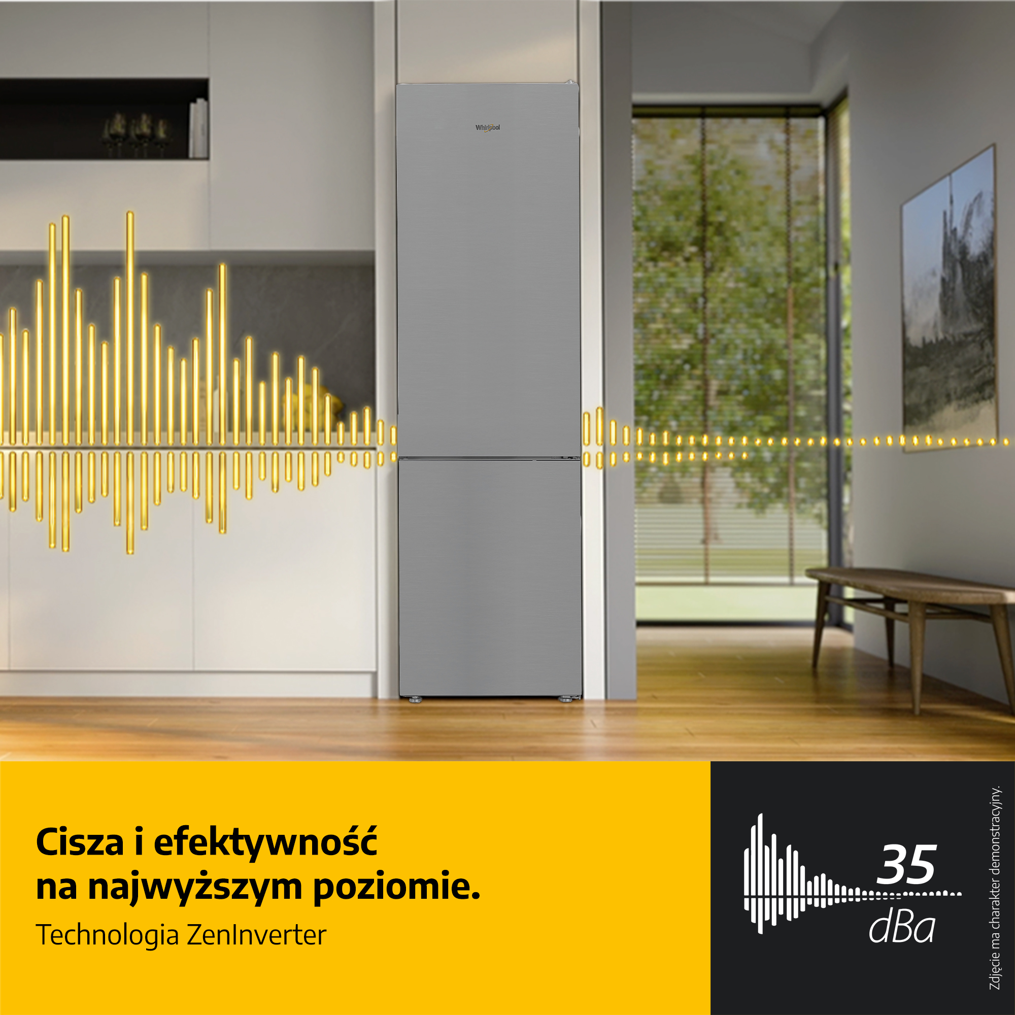 Srebrna lodówka Whirlpool w nowoczesnej kuchni z żółtymi grafikami fal dźwiękowych.