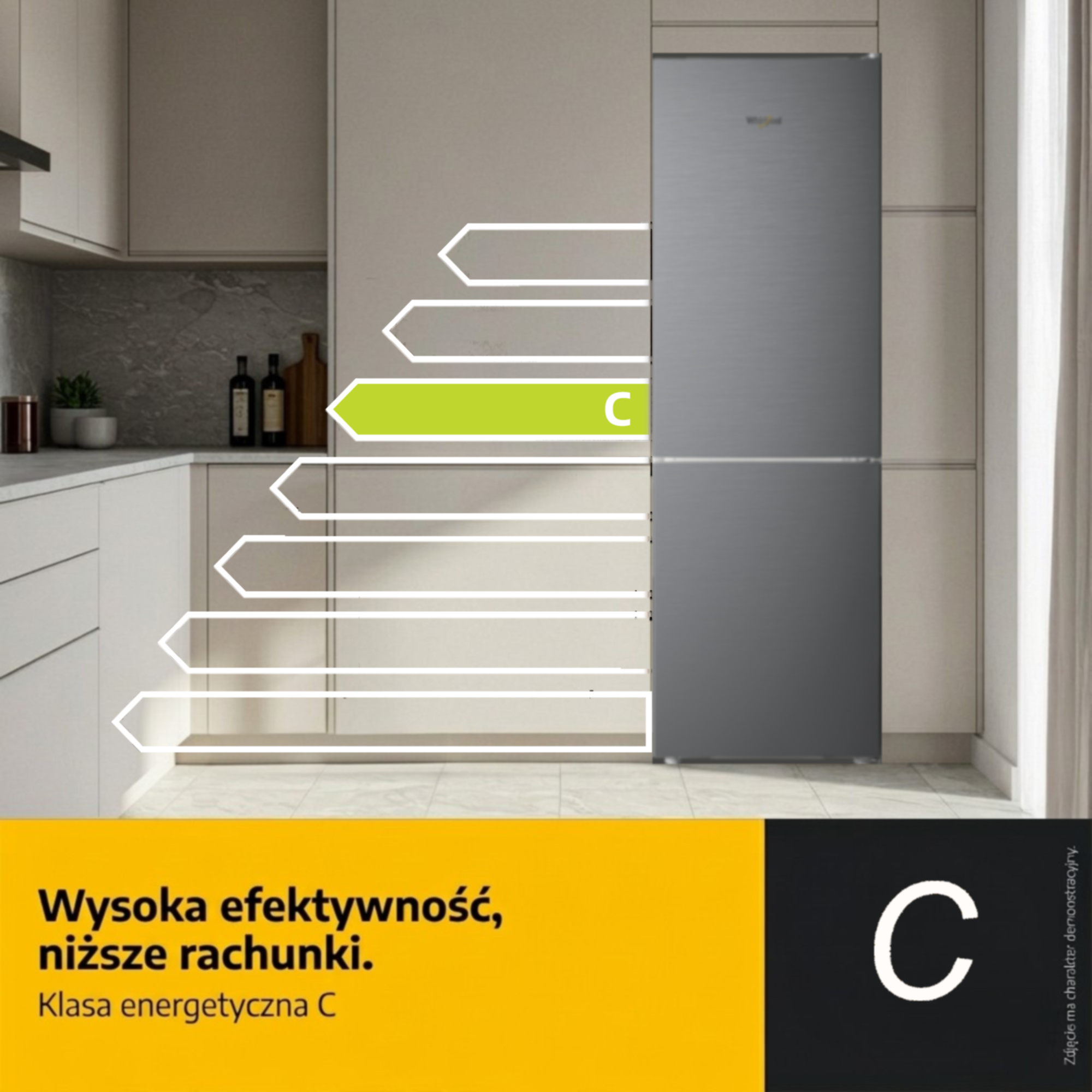 Lodówka o klasie energetycznej C w kuchni.