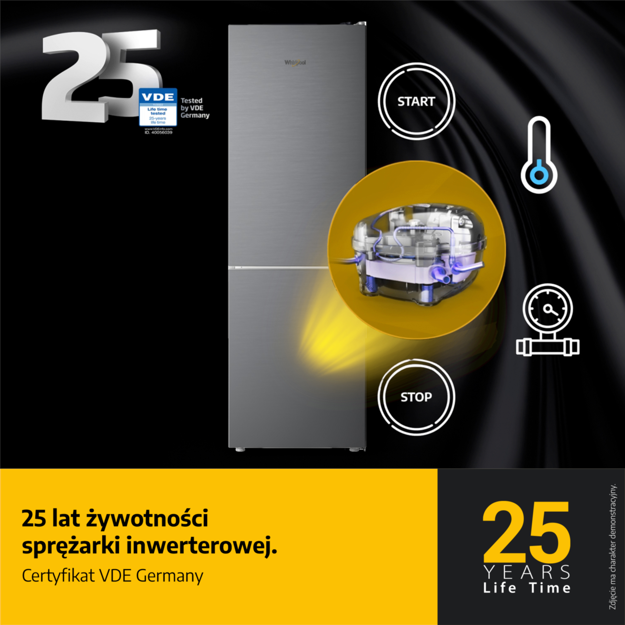 Lodówka z certyfikatem VDE na 25 lat. Widok wnętrza sprężarki.