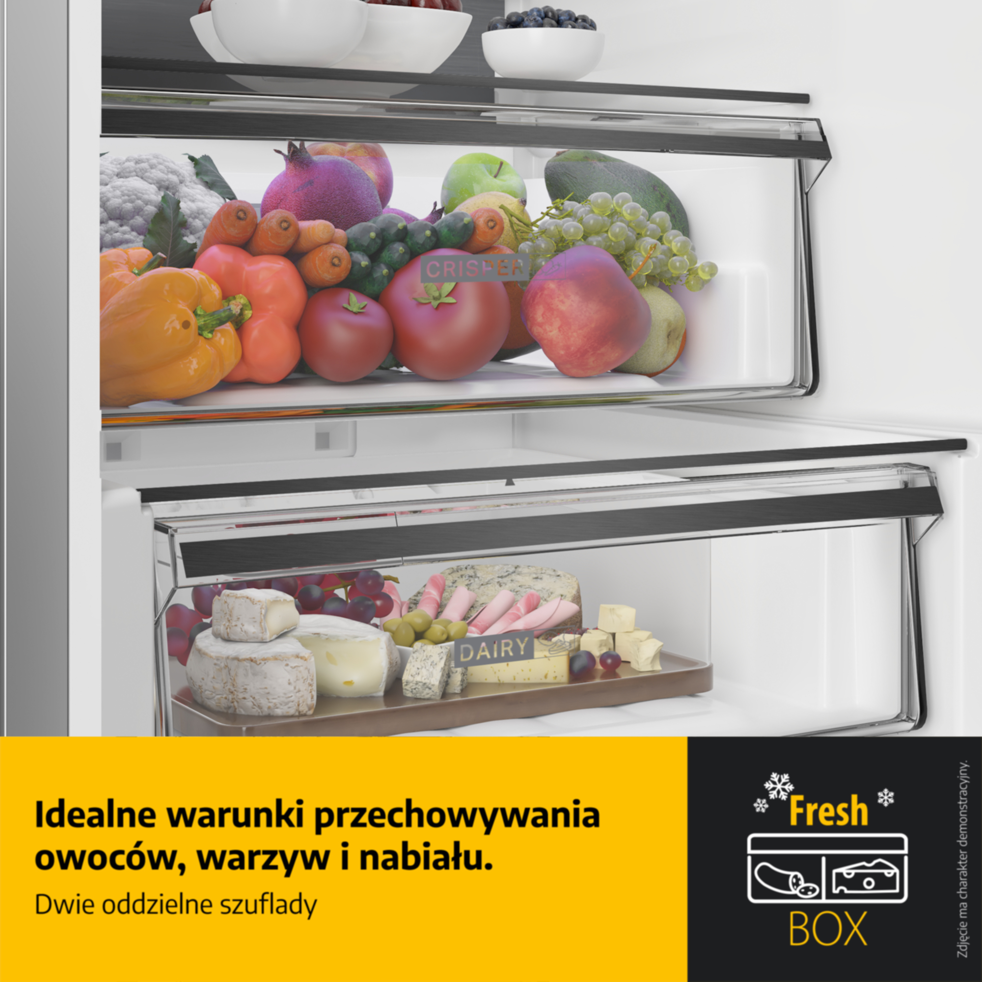 Lodówka z dwoma szufladami: na górze owoce i warzywa, na dole sery i wędliny.