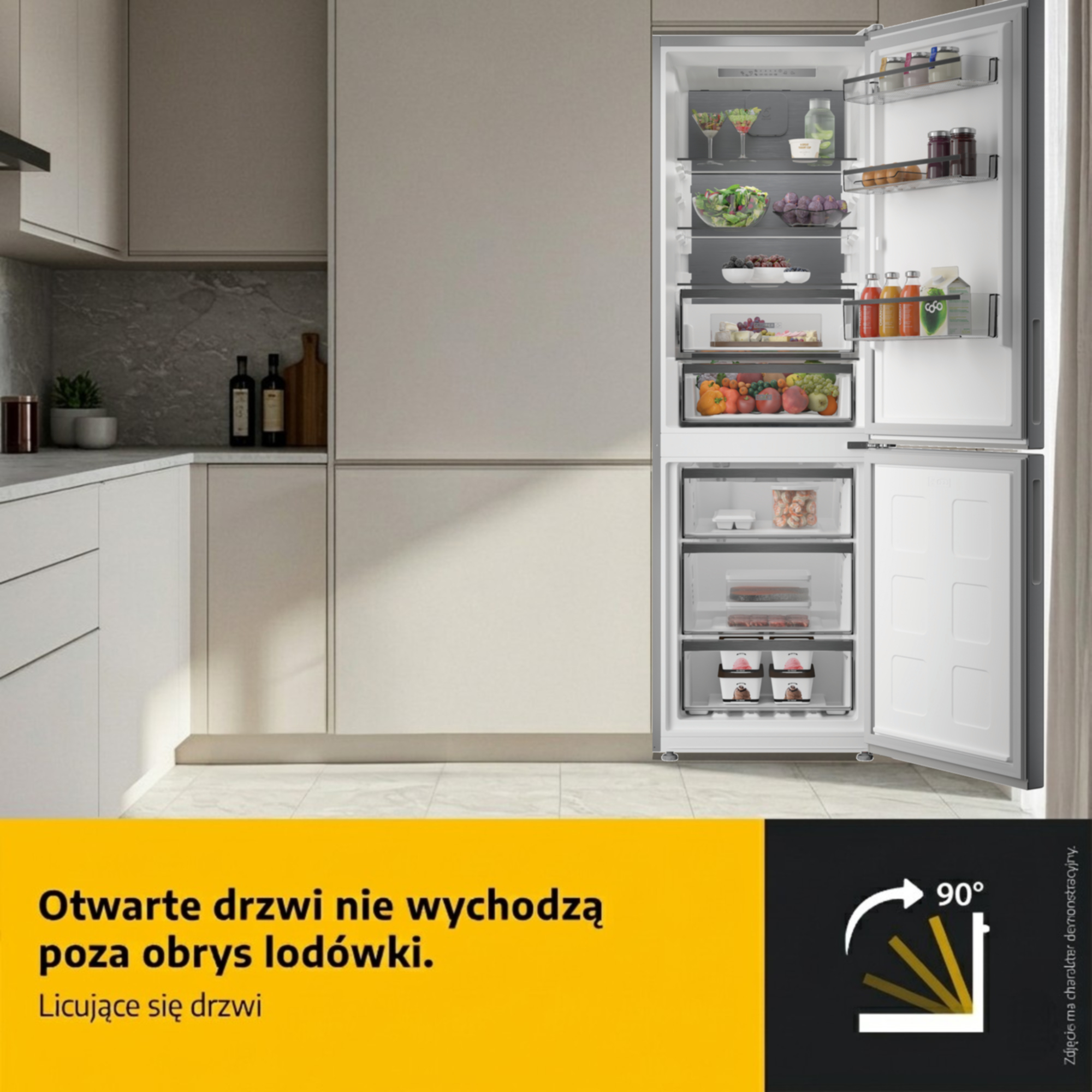 Nowoczesna lodówka z otwartymi drzwiami, wypełniona jedzeniem i szufladami.