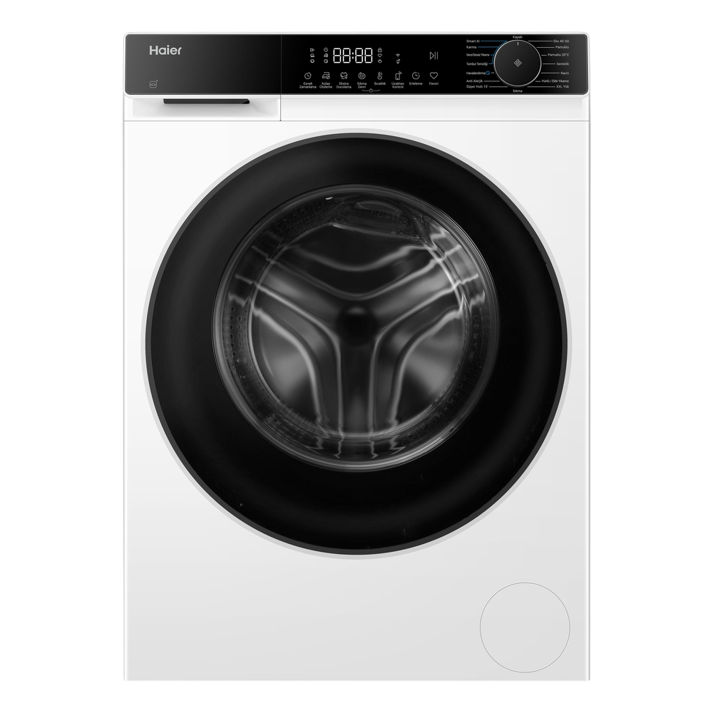 Siyah kapılı ve kontrol panelli beyaz bir Haier çamaşır makinesi.