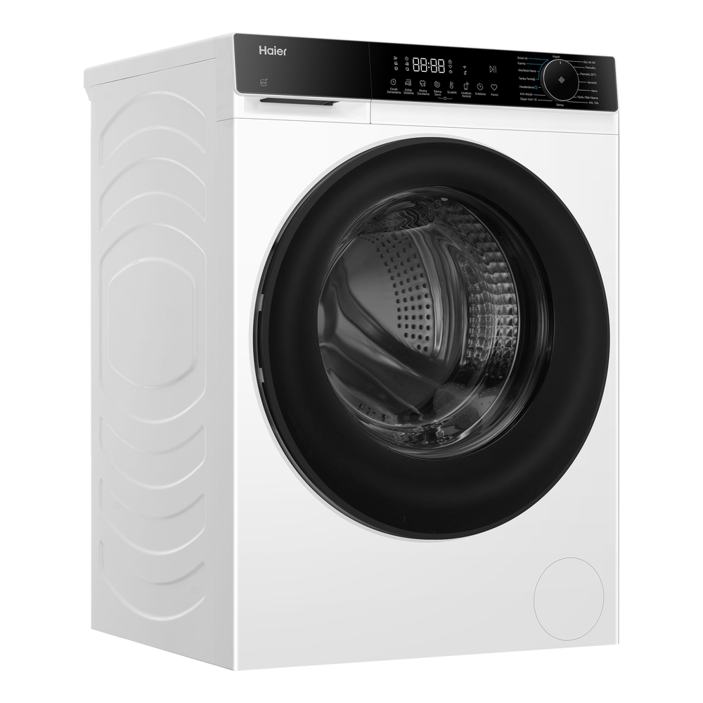 Siyah kapılı ve kontrol panelli beyaz Haier çamaşır makinesi.