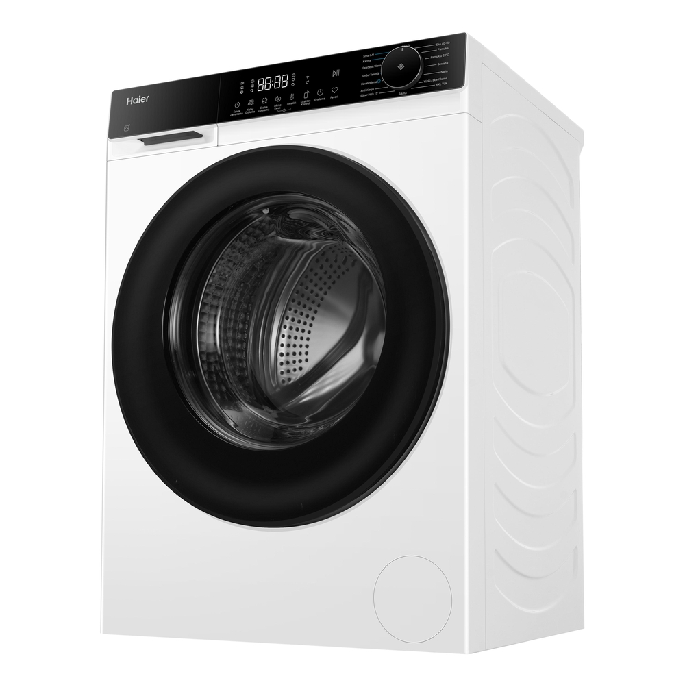 Siyah kapılı ve dijital ekranlı beyaz Haier çamaşır makinesi.