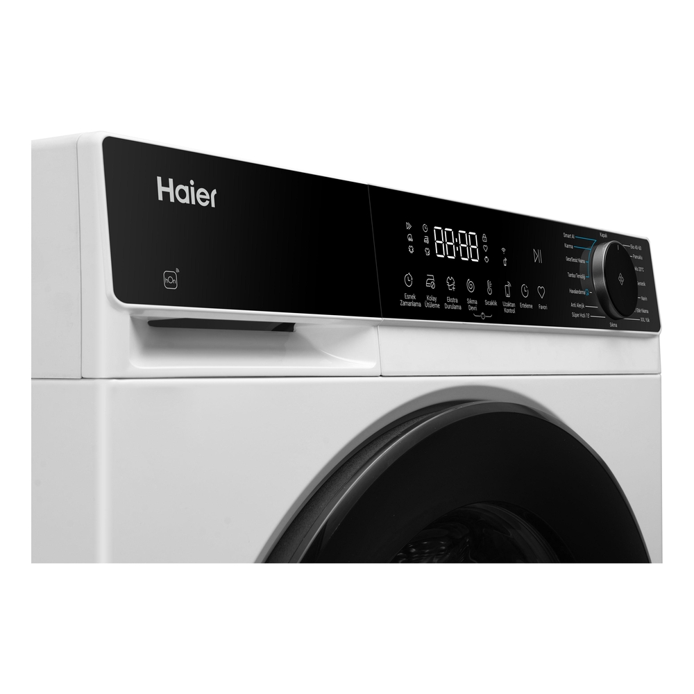 Programları gösteren dijital kontrol paneline sahip beyaz bir Haier çamaşır makinesi.