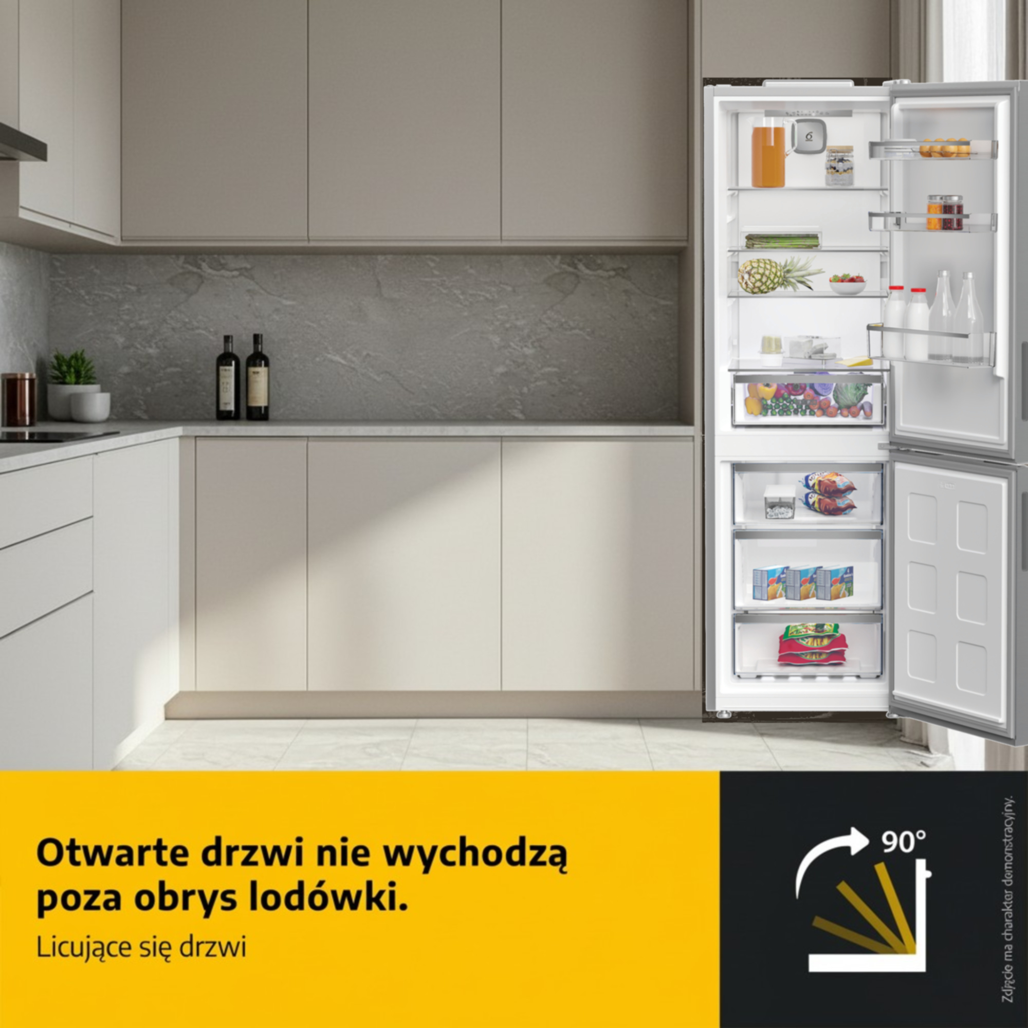 Otwarte drzwi nie wychodzą poza obrys lodówki. Kąt 90°.
