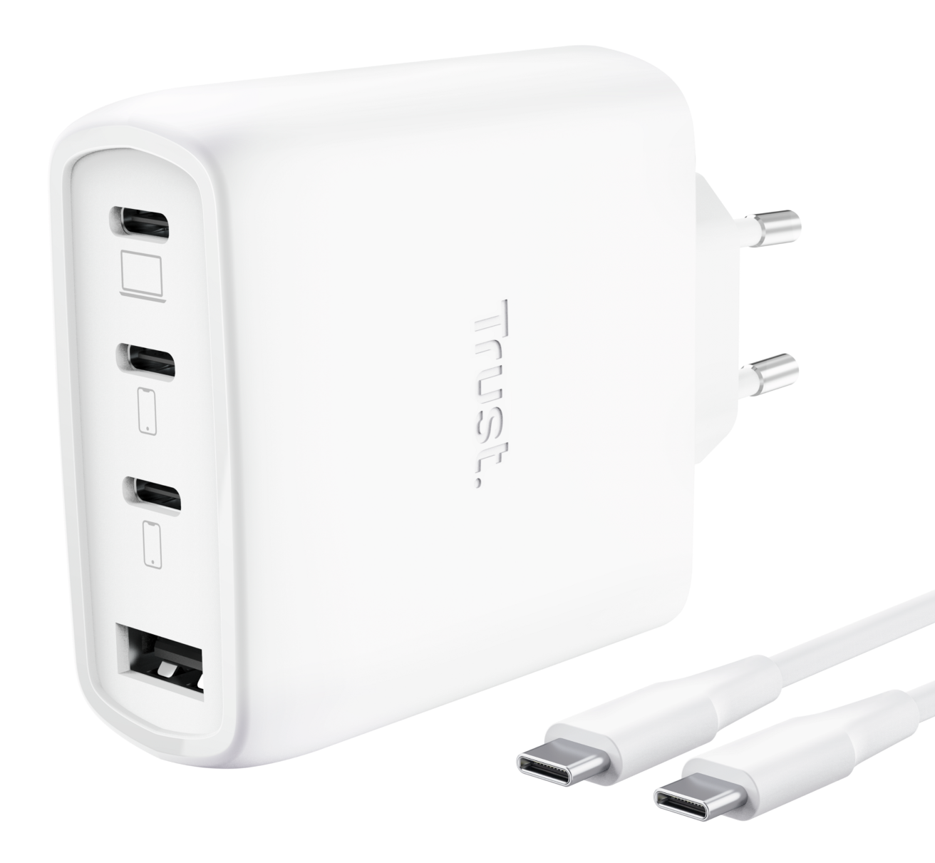Biała ładowarka USB-C z trzema portami USB-C i jednym portem USB-A.