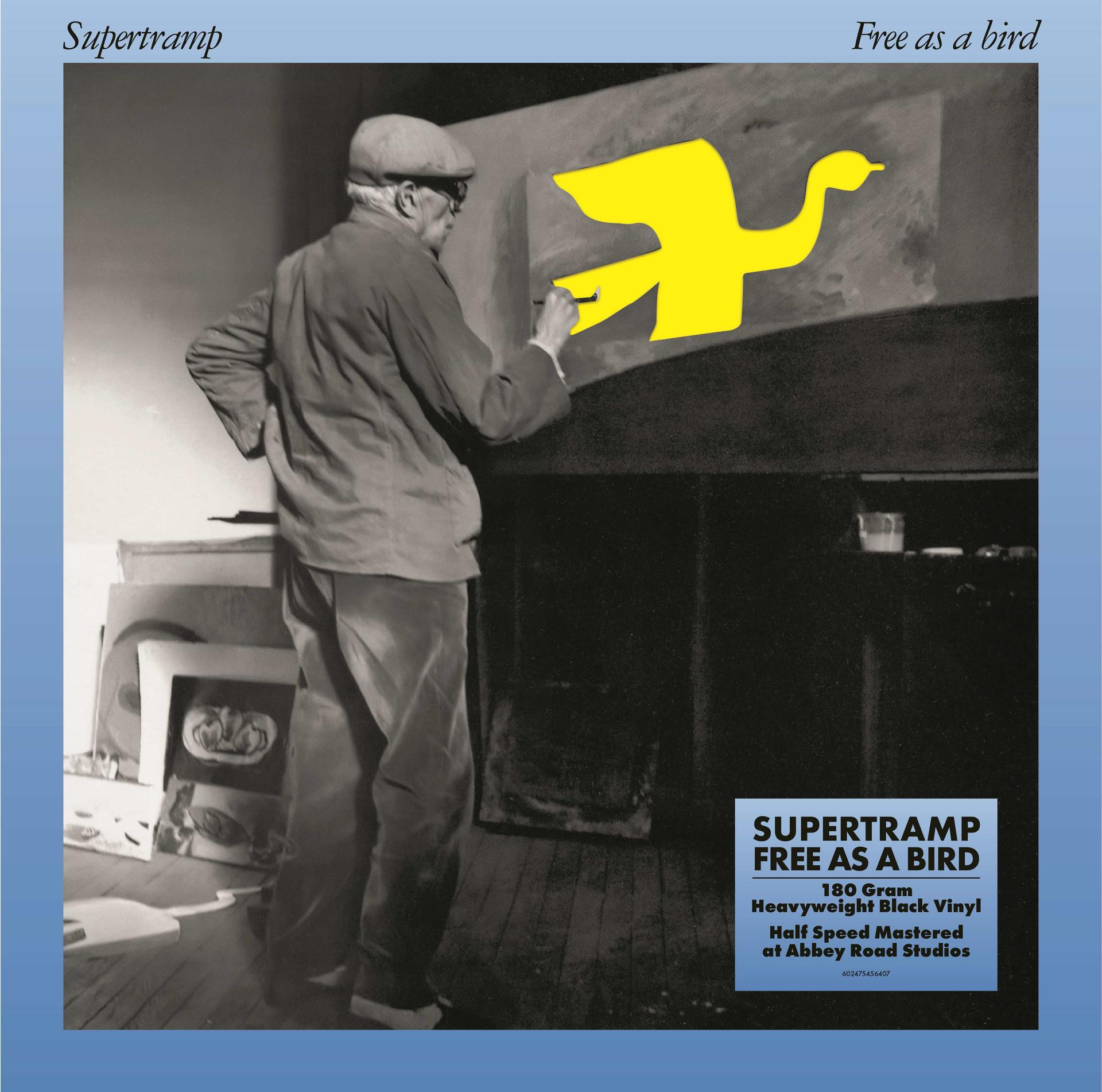 Ein Mann malt einen gelben Vogel auf eine Leinwand. Albumcover.