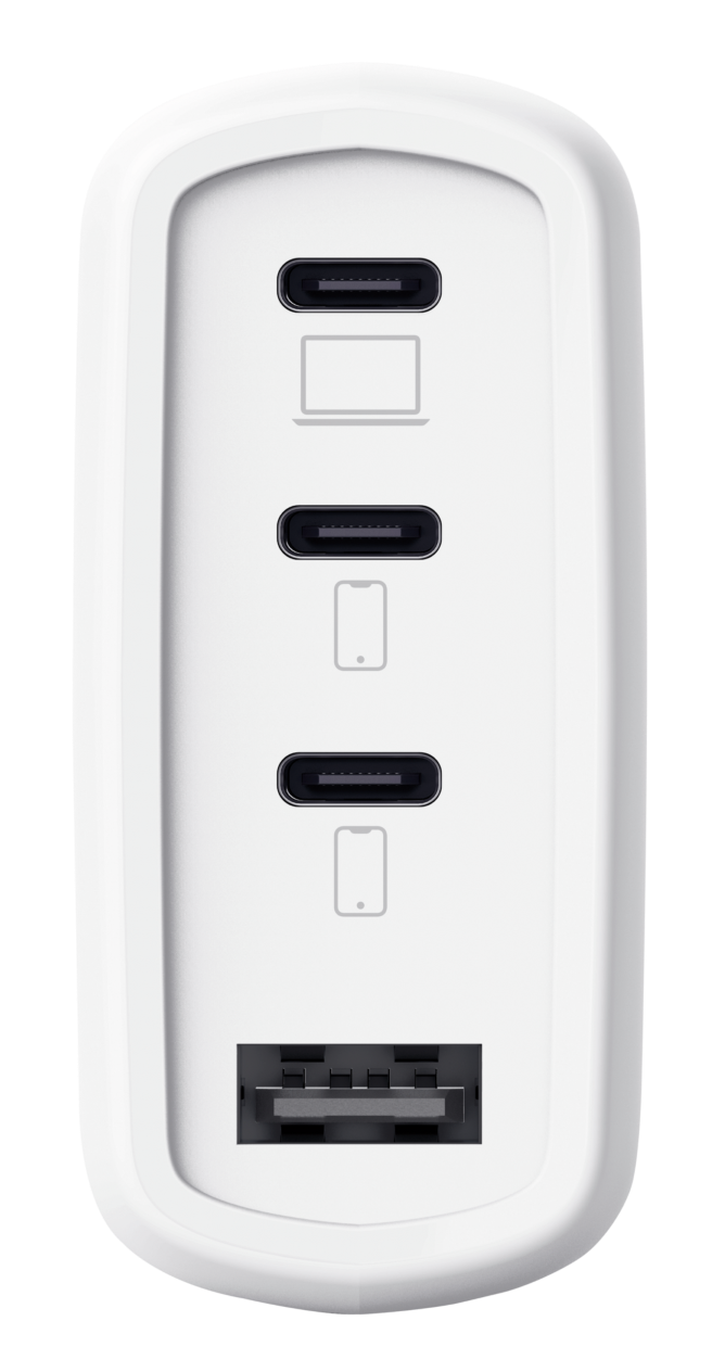 Biała stacja ładująca z trzema portami USB-C i jednym portem USB-A.