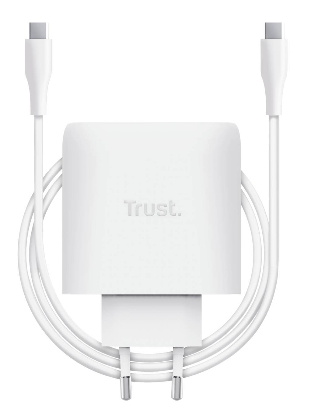 Biały zasilacz USB-C z dwoma kablami na czarnym tle.