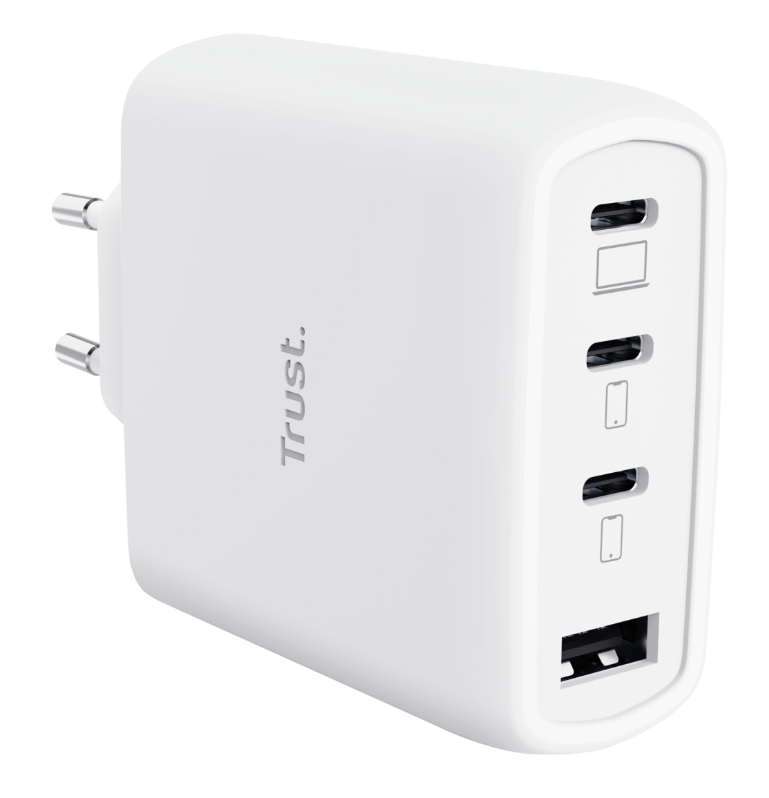 Biała ładowarka USB-C z trzema portami i jednym portem USB-A.