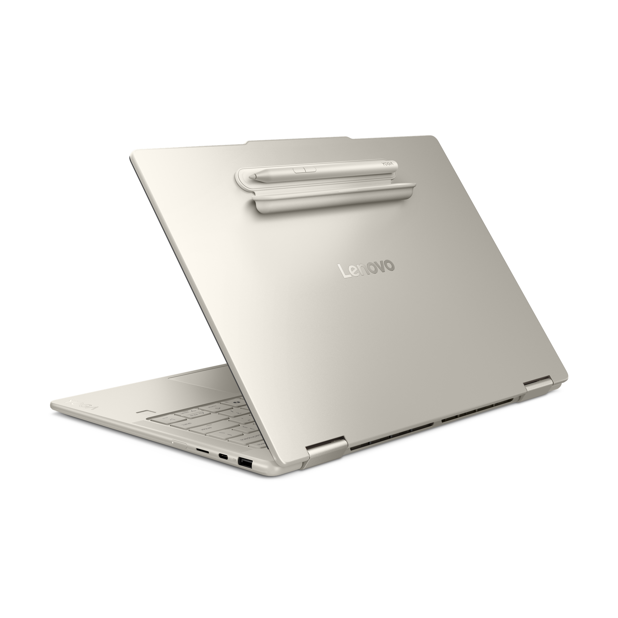 Ein hellbeiger Lenovo Yoga Laptop mit Stifthalter auf dem Deckel.