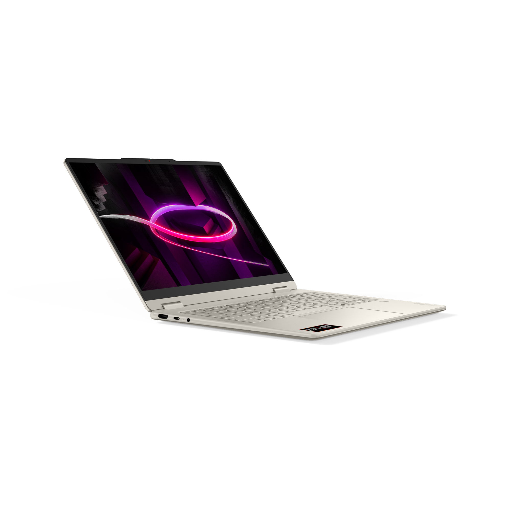Ein offener, heller Laptop mit einem abstrakten, neonfarbenen Hintergrund.