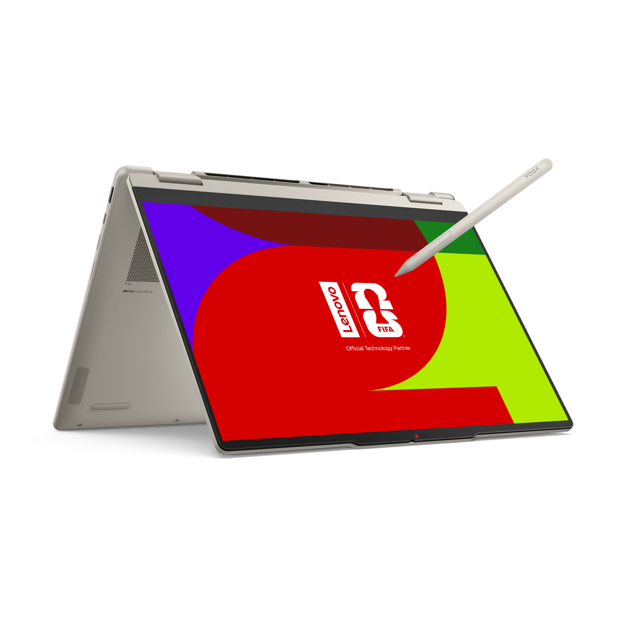 Ein silberner Laptop mit Stift, der eine Lenovo/FIFA-Logo-Anzeige zeigt.