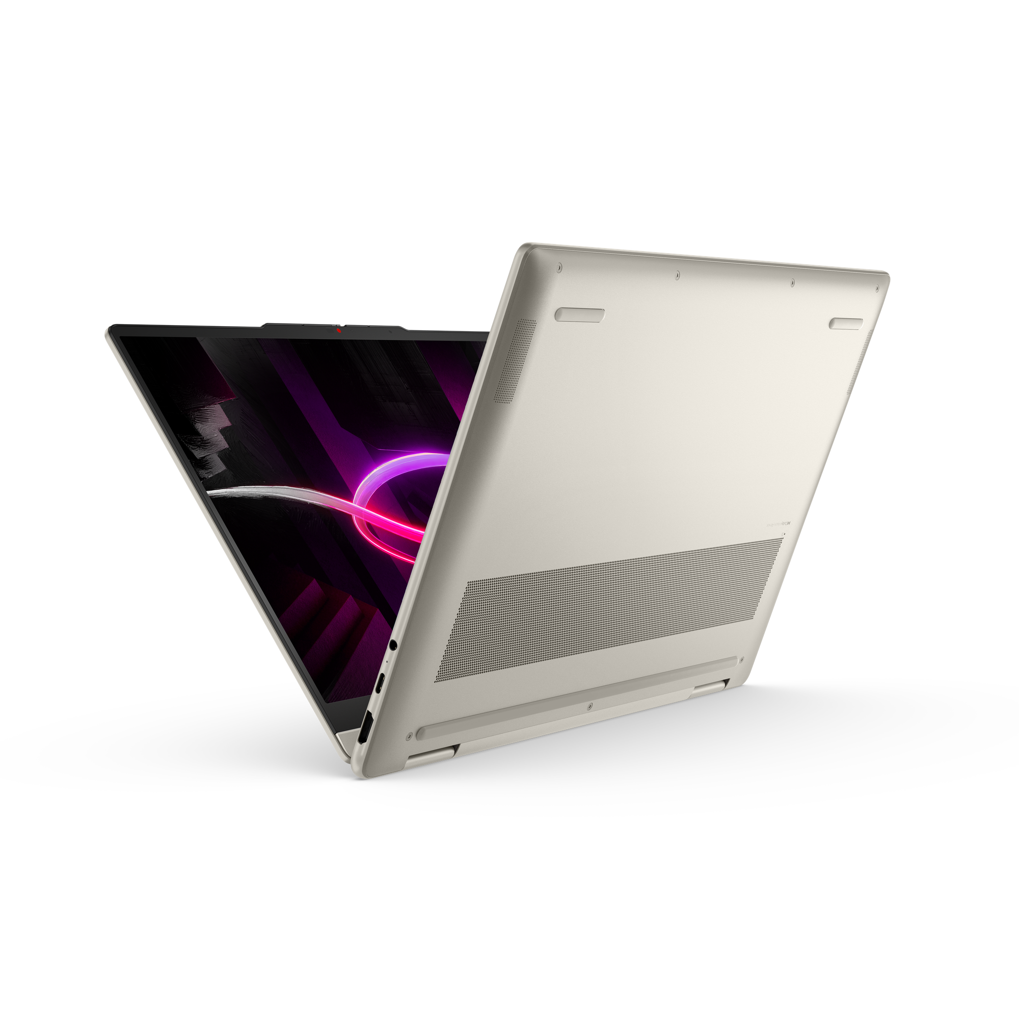 Ein offenes hellbeiges Laptop mit lila Muster auf dem Bildschirm, schwarzer Hintergrund.