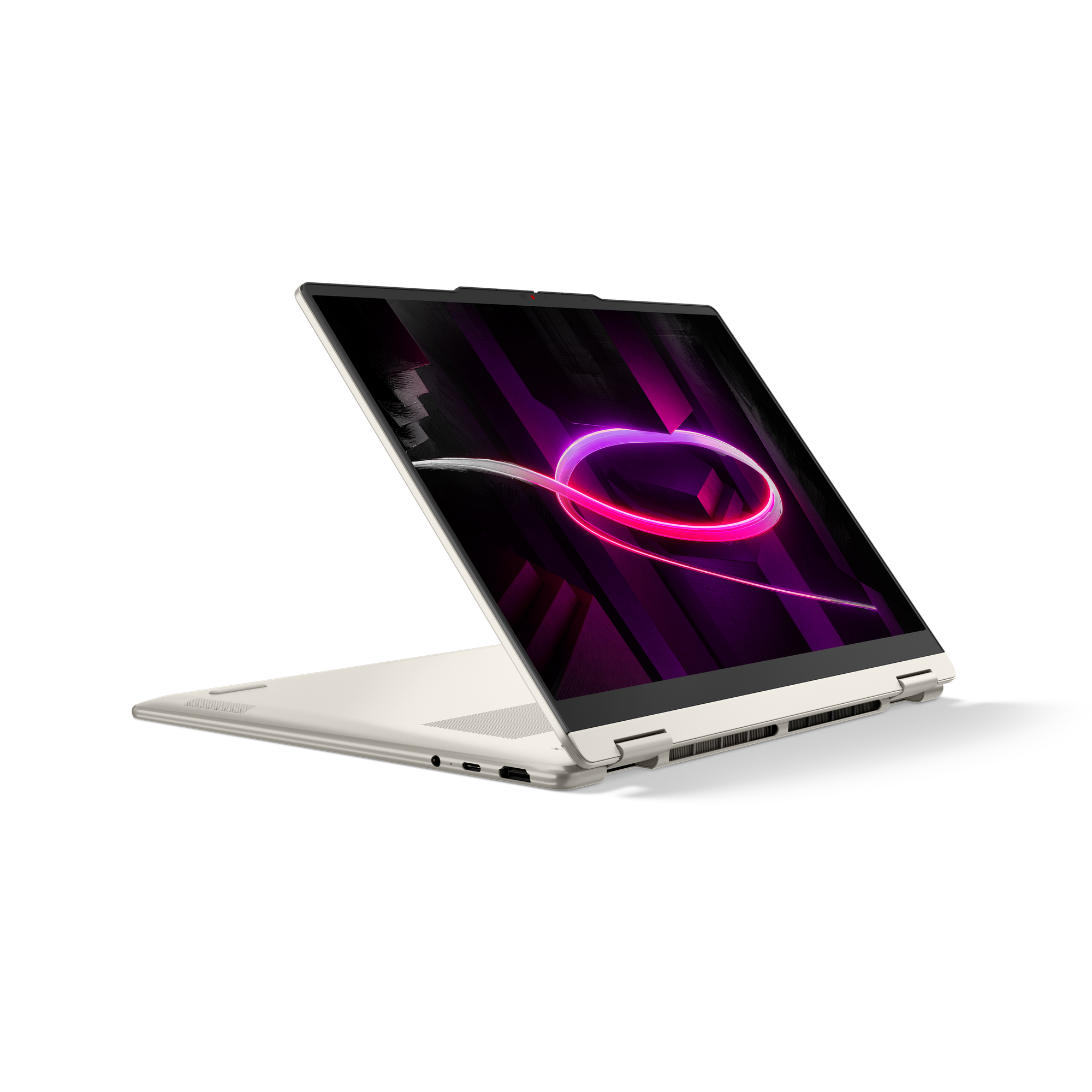 Ein hellbeiges Laptop ist geöffnet, mit einem dunklen Hintergrund und einem violetten Bildschirmdesign.