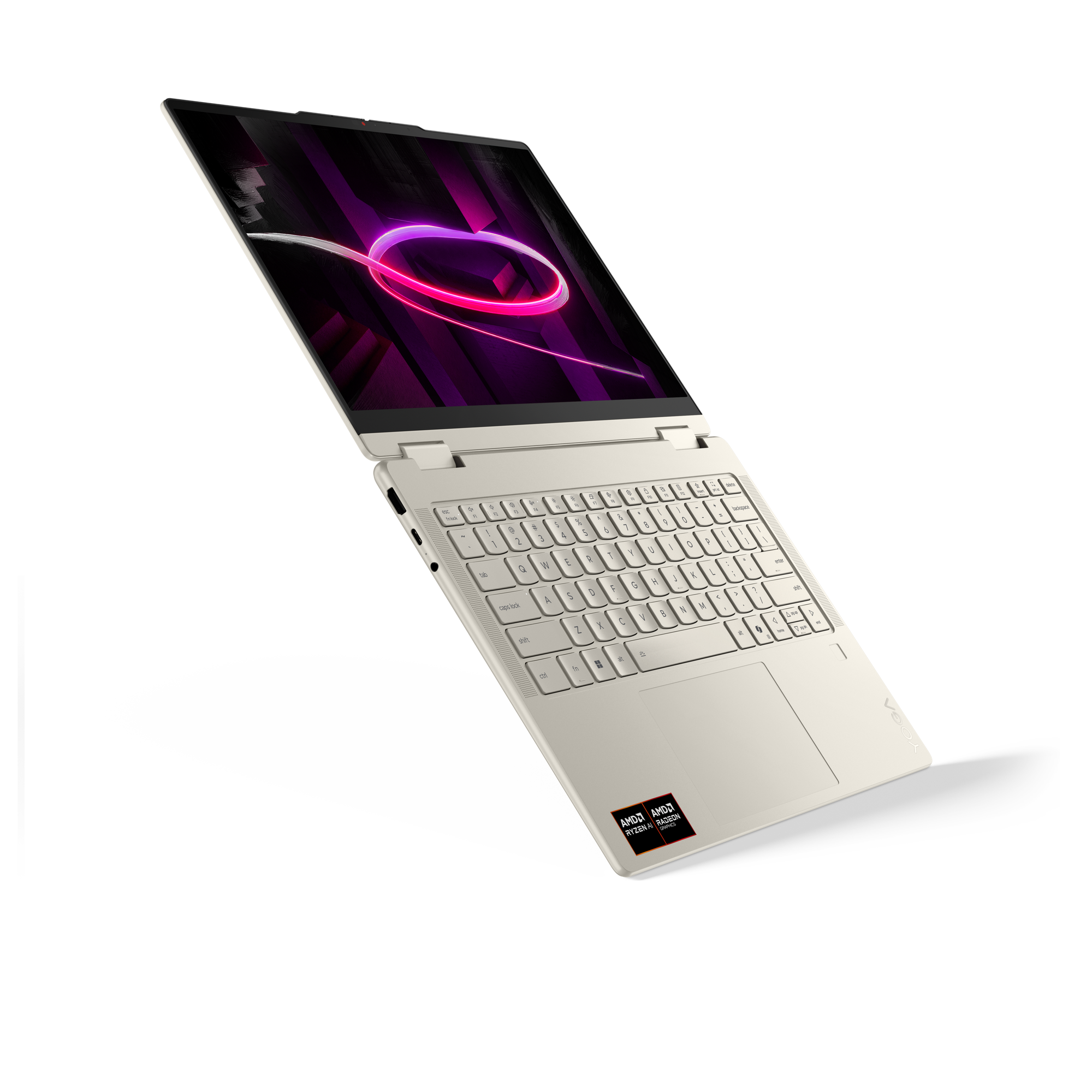 Ein beiger Laptop ist geöffnet und zeigt einen bunten Bildschirm und eine Tastatur. AMD Ryzen-Logo sichtbar.