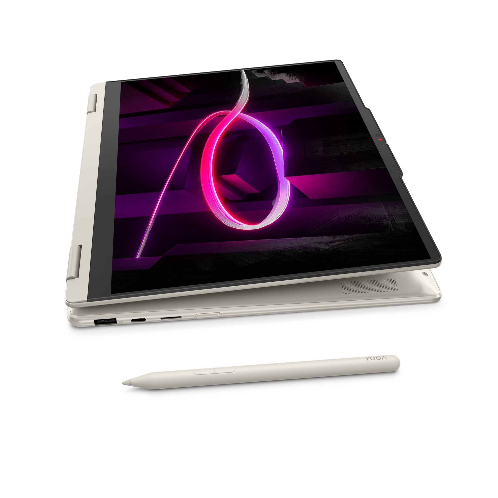 Ein silberner Laptop mit Stift auf schwarzem Hintergrund. Der Bildschirm zeigt eine Neonlichtschleife.