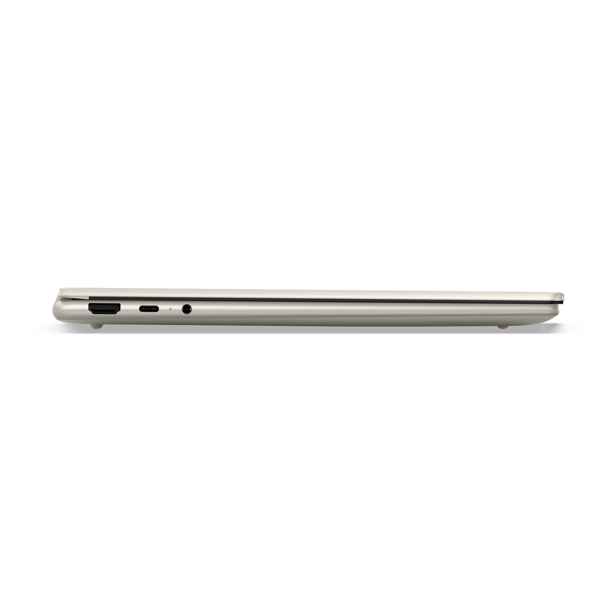 Schlanke silberne Laptoptastatur mit USB-C und Kopfhöreranschluss.