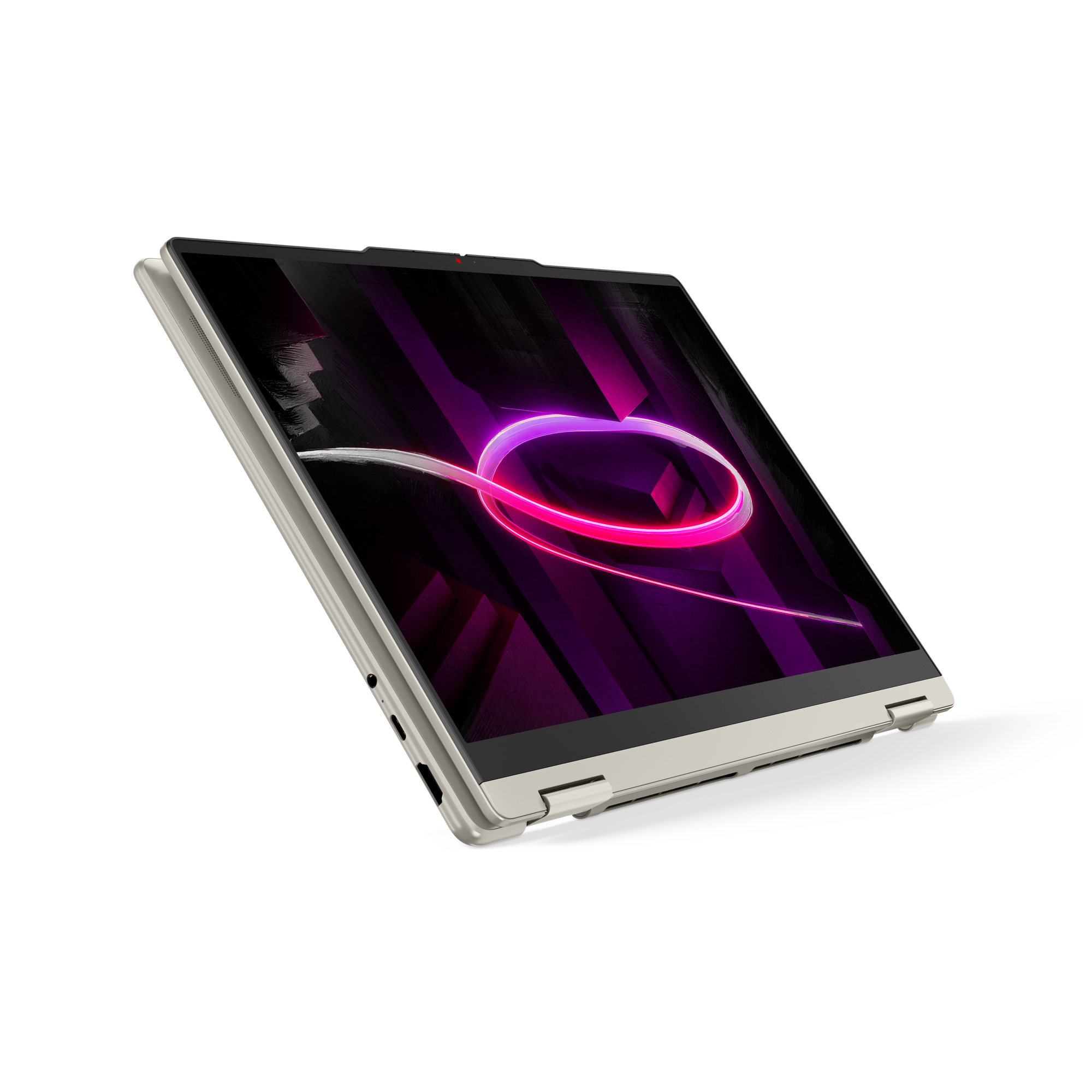 Ein silberner Laptop mit einem lila und pinken Herz-Symbol auf dem Bildschirm.