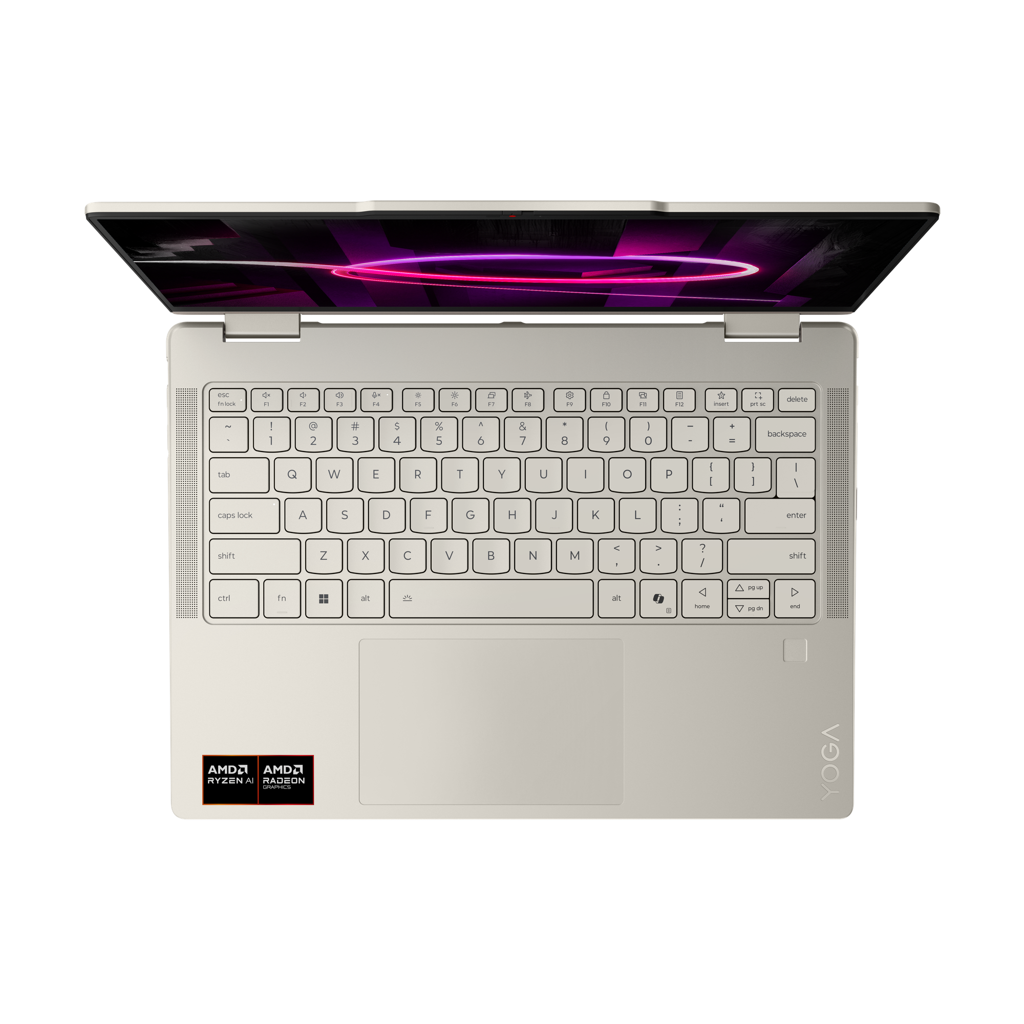 Ein offener heller Laptop mit Tastatur und Bildschirm. AMD Ryzen AI Radeon Aufkleber.