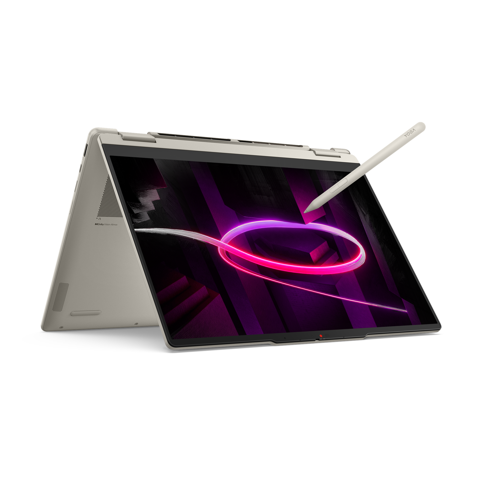 Ein offenes Laptop mit Stift und violetter Neon-Schleife auf dem Bildschirm.