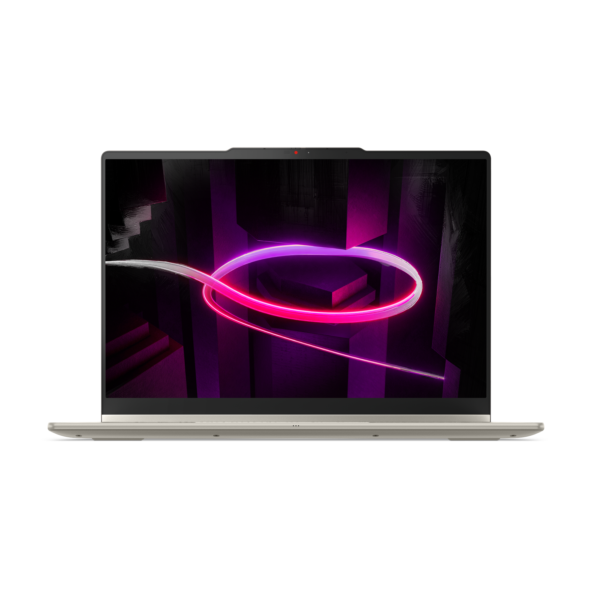 Ein offener Laptop mit einem dunklen Hintergrund und einem Neonlichtschleifen-Bildschirmhintergrund.