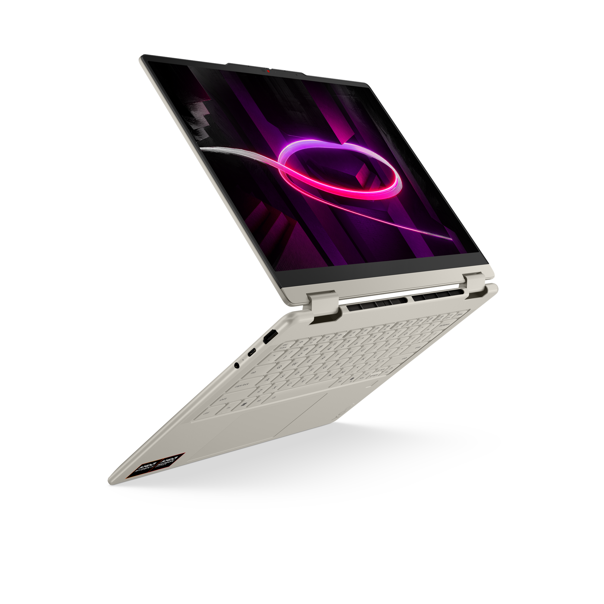 Ein aufgeklappter weißer Laptop mit einem Bildschirmschoner mit pinkem Kreis.