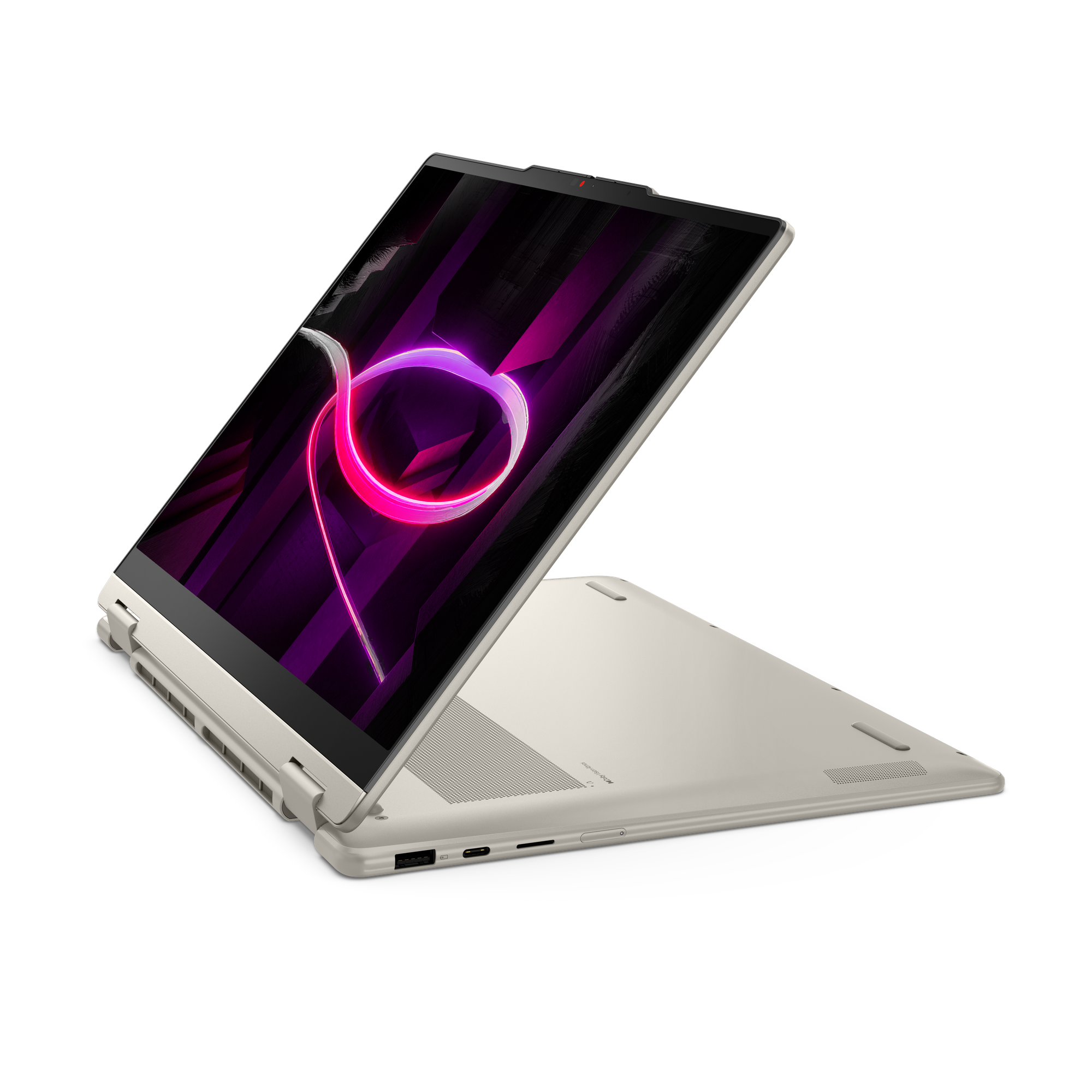 Ein hellbeiger Laptop mit geöffnetem Bildschirm, der ein lila abstraktes Muster zeigt.