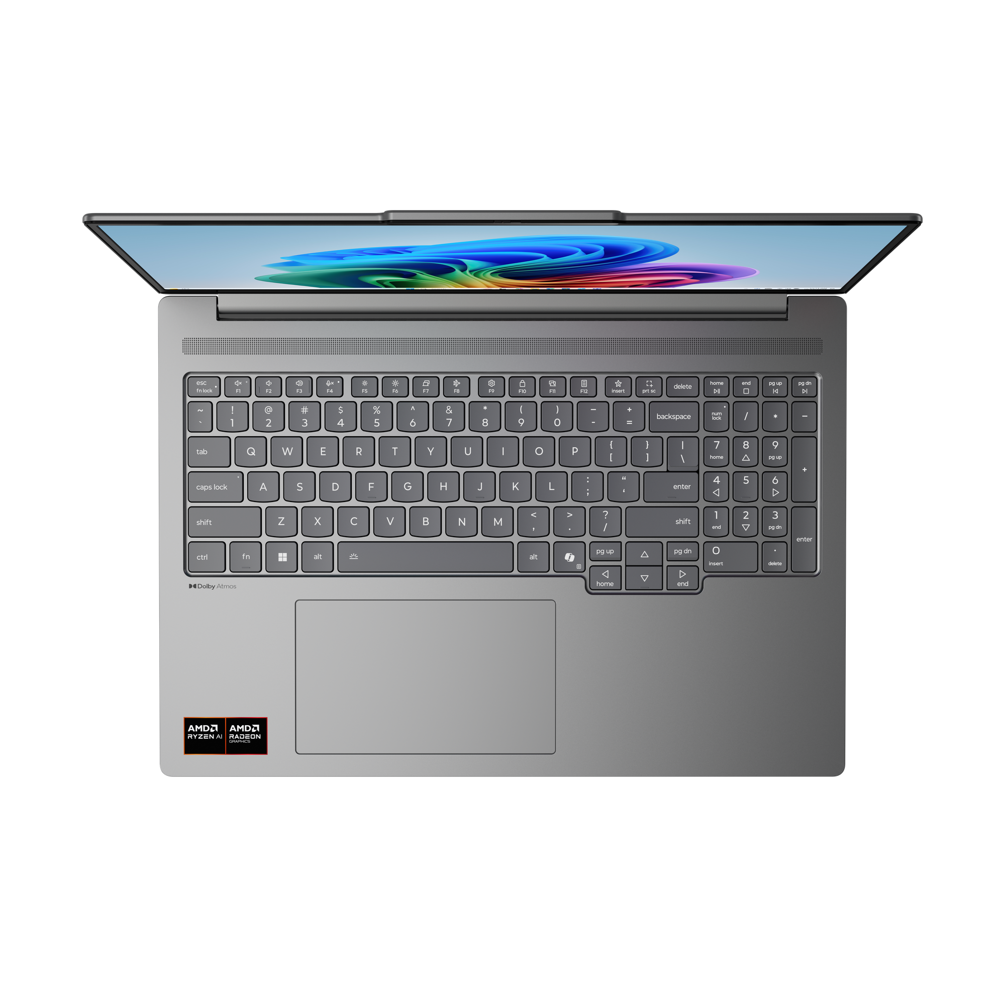 Grauer Laptop mit geöffnetem Bildschirm, Tastatur und Touchpad.