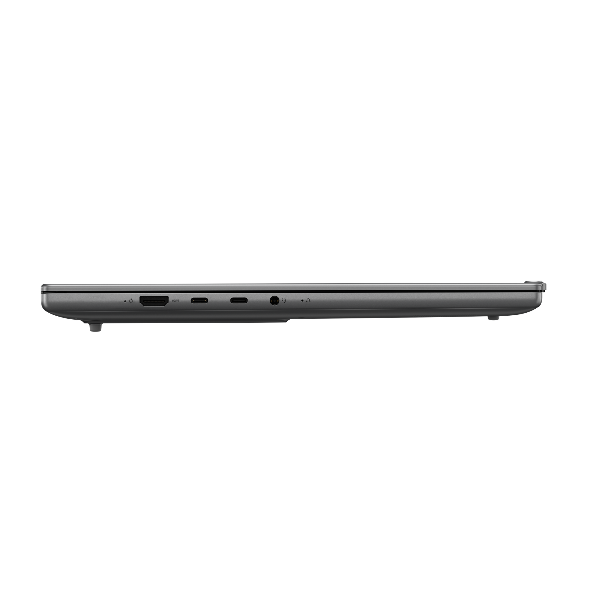 Grauer Laptop-Anschluss mit HDMI, USB-C und Kopfhörerbuchse.