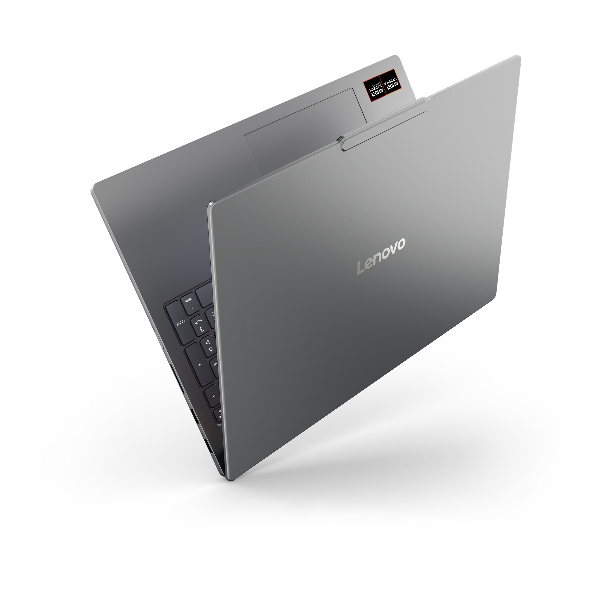 Ein geöffneter silberner Lenovo Laptop mit AMD Ryzen AI Radeon Grafik auf schwarzem Hintergrund.