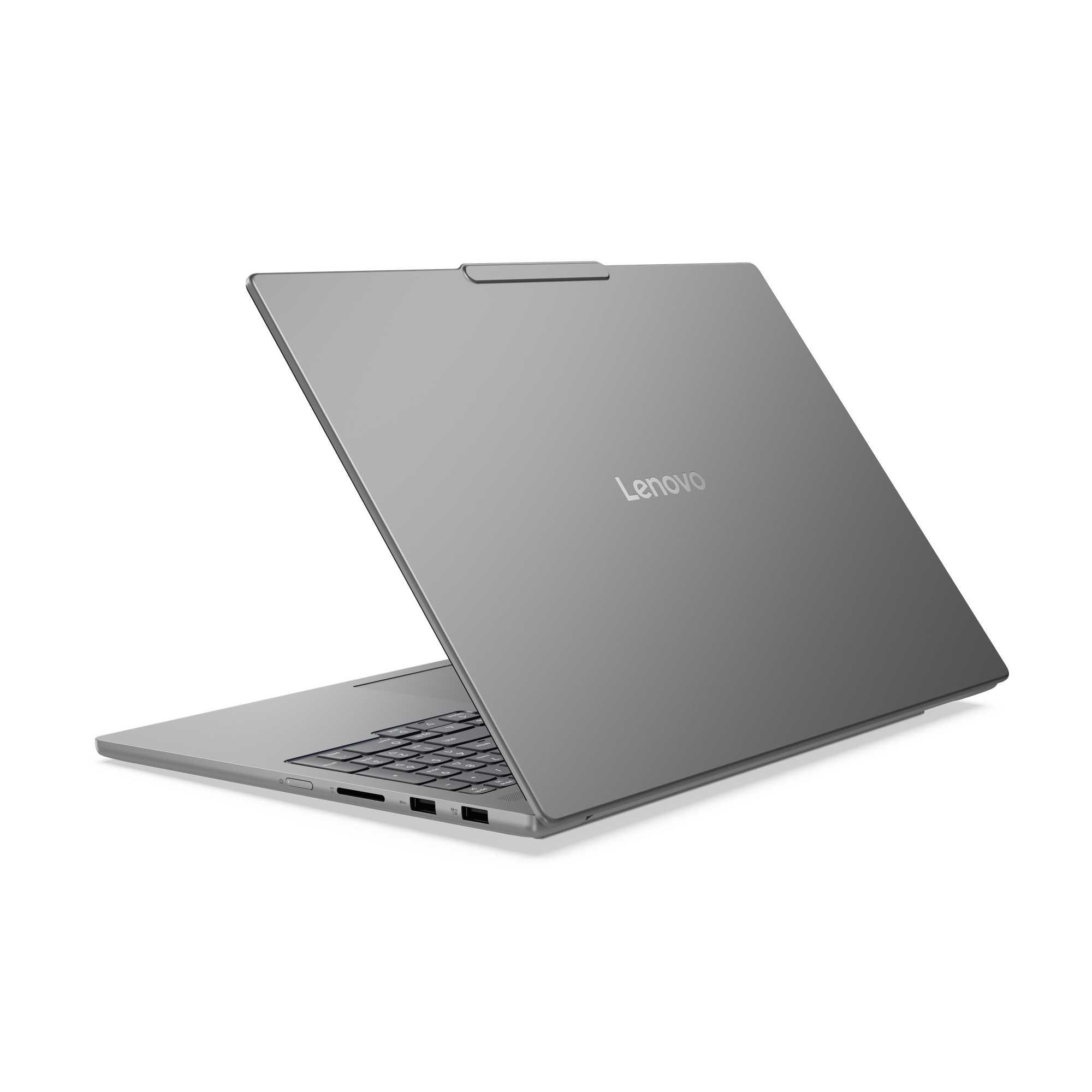Ein graues Lenovo-Laptop ist geöffnet und zeigt die Tastatur.