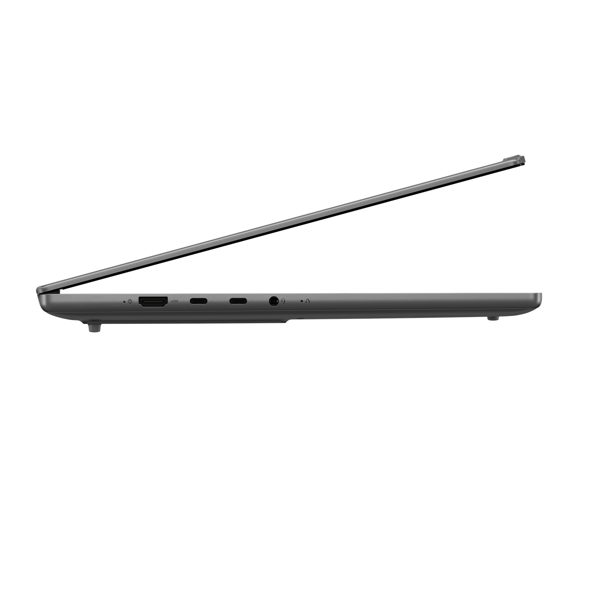 Graues Laptop, Bildschirm leicht geöffnet, seitliche Ansicht mit Anschlüssen.