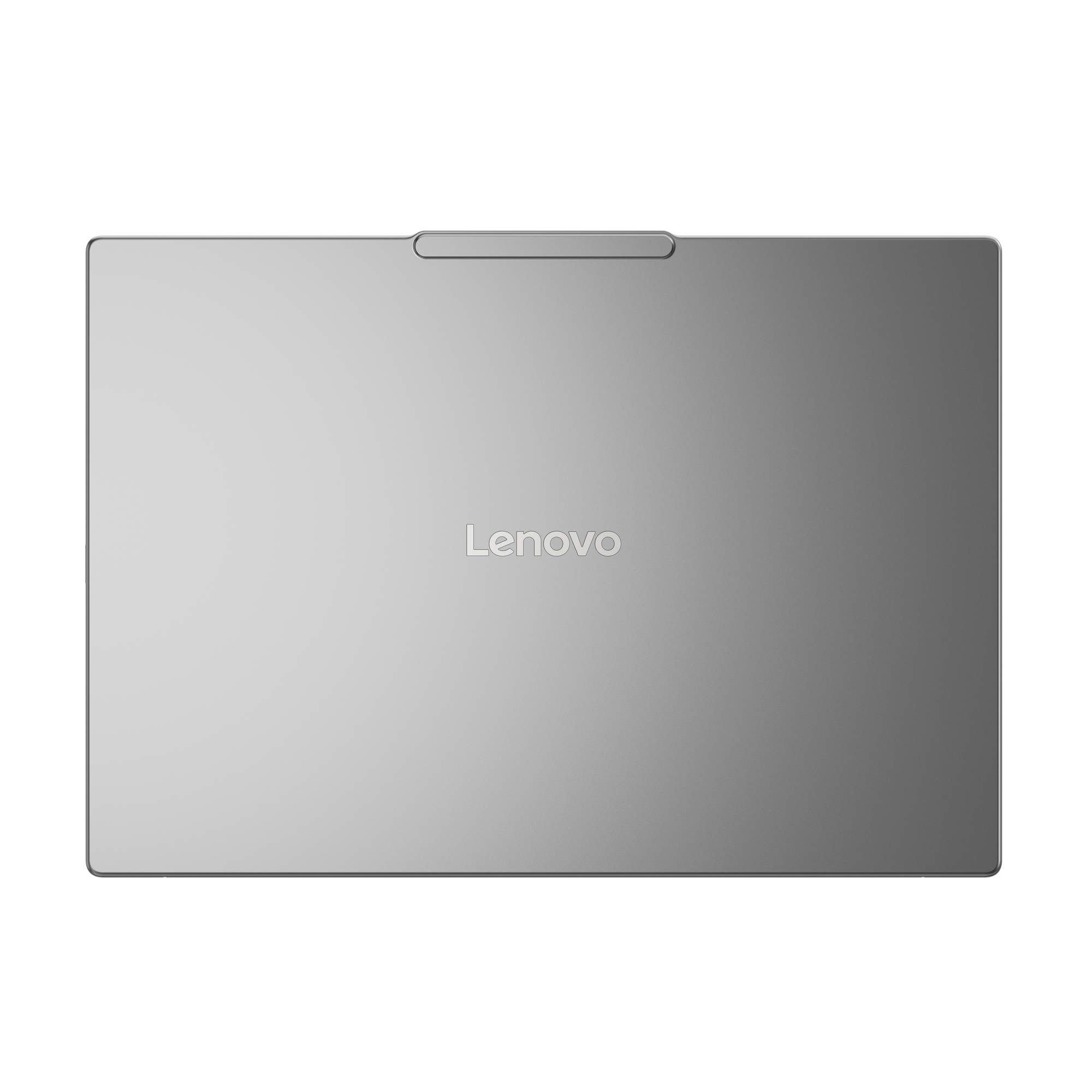 Graues Lenovo-Laptop mit abgerundeten Ecken und einem silbernen Balken oben.