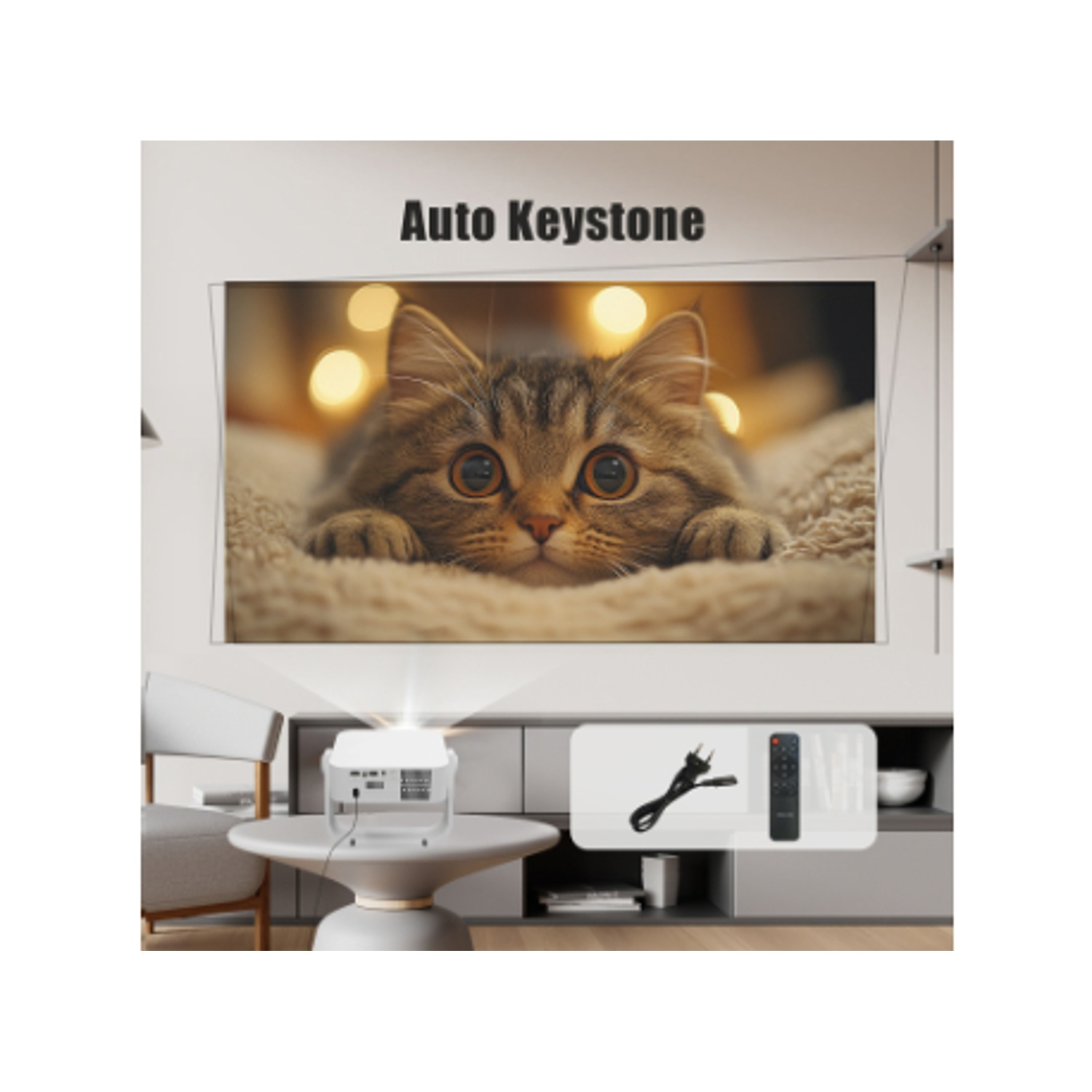 Un proiettore proietta l'immagine di un gatto su un muro. Sono visibili accessori.