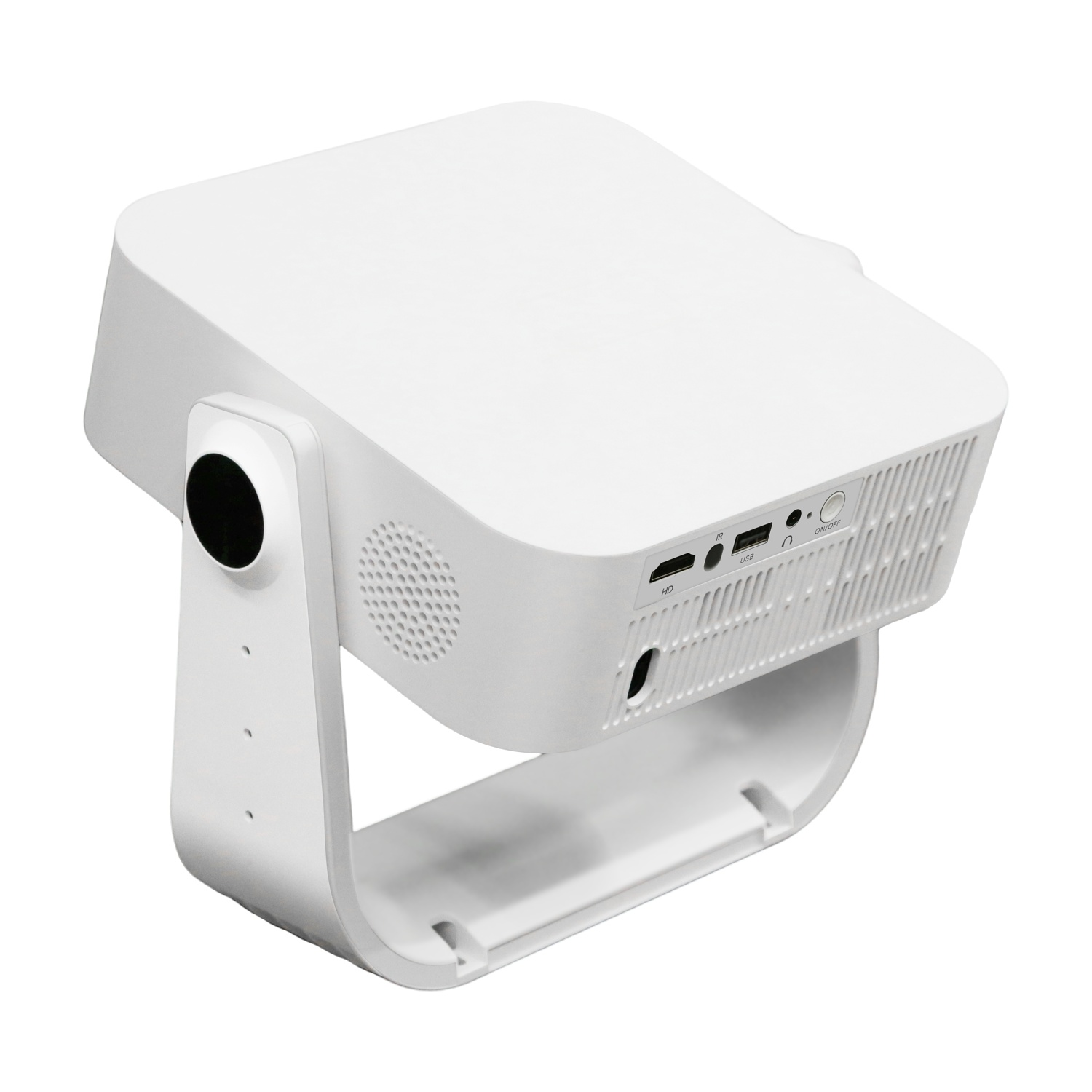 Un proiettore bianco su un supporto bianco, con porte sul lato.