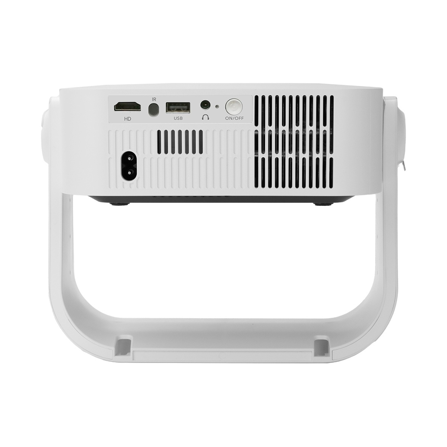 Retro proiettore bianco con porte: HDMI, IR, USB, cuffie, pulsante accensione, prese d'aria.