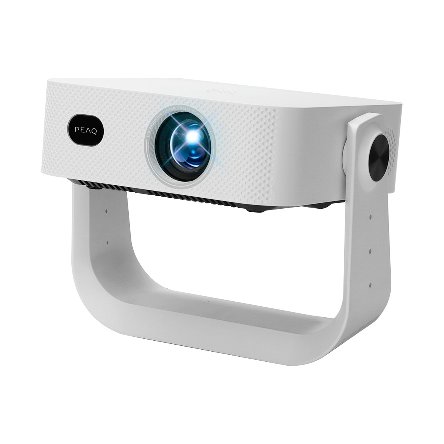 Un proiettore bianco con lente blu luminosa su un supporto bianco.